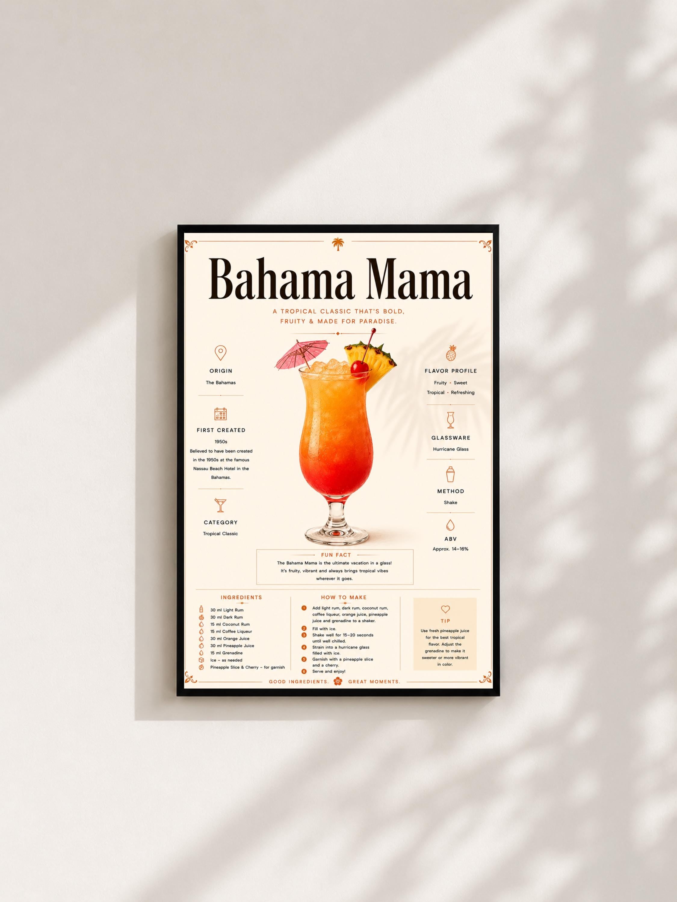 Wandbild - Bahama Mama Cocktail Poster Wall Art Küche Bar Guide Print Minimalistisch Illustration Wanddeko Urban Dekoration Vintage __etsy:8133448981