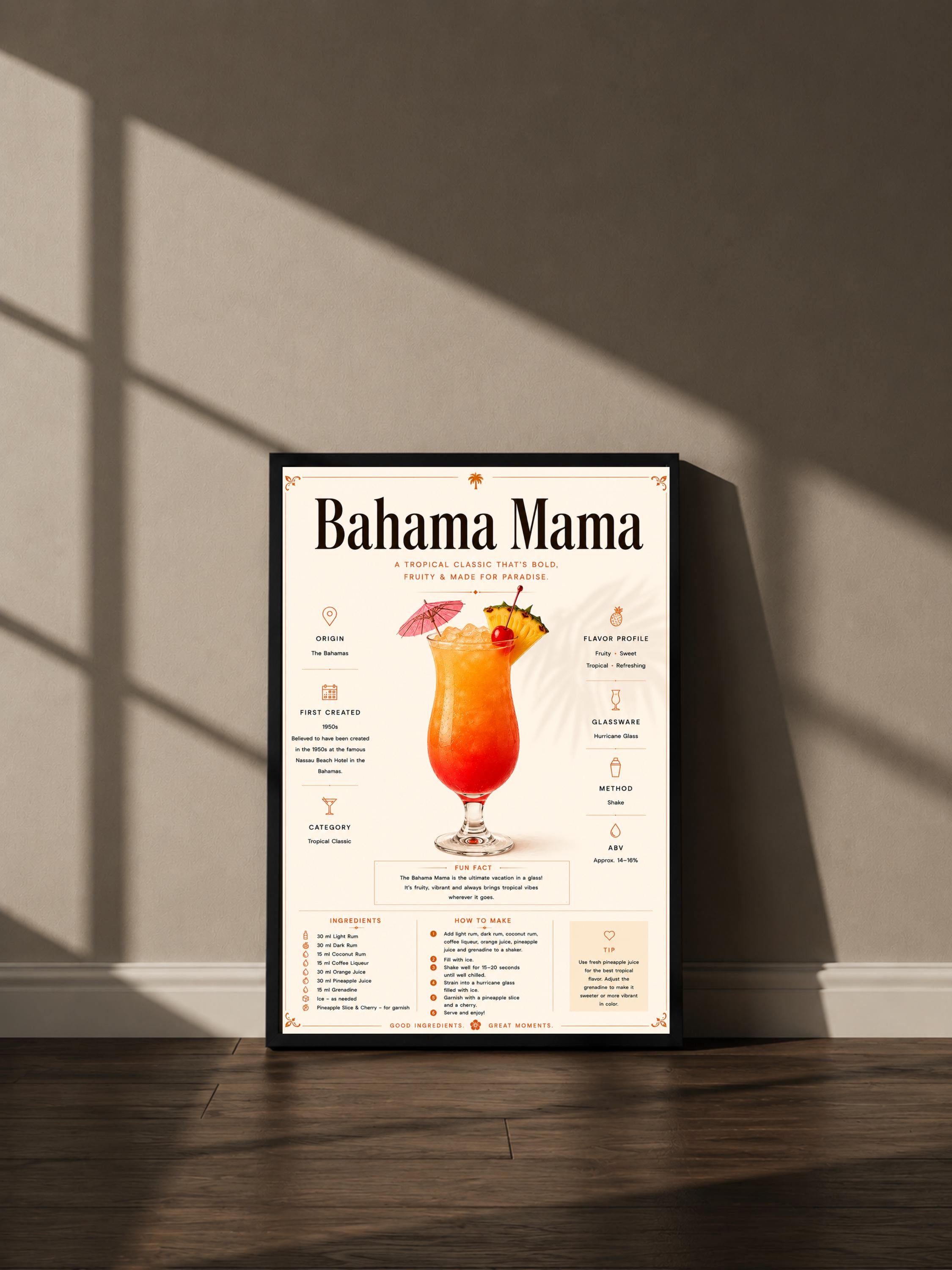 Wandbild - Bahama Mama Cocktail Poster Wall Art Küche Bar Guide Print Minimalistisch Illustration Wanddeko Urban Dekoration Vintage __etsy:8133449245