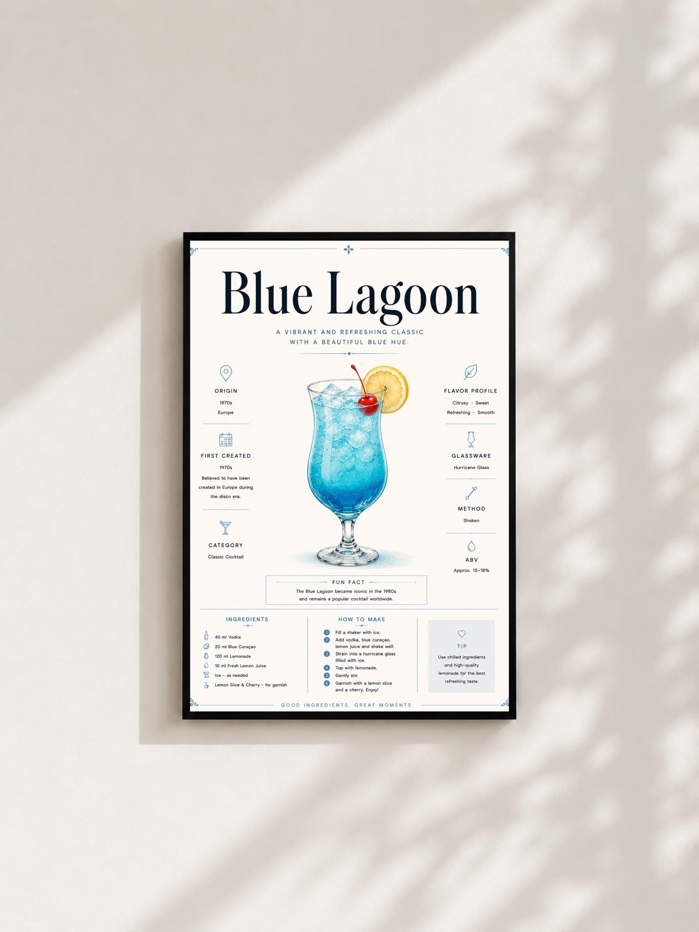 Wandbild - Blue Lagoon Cocktail Poster Wall Art Küche Bar Guide Print Minimalistisch Illustration Wanddeko Urban Dekoration Vintage __etsy:8085510136