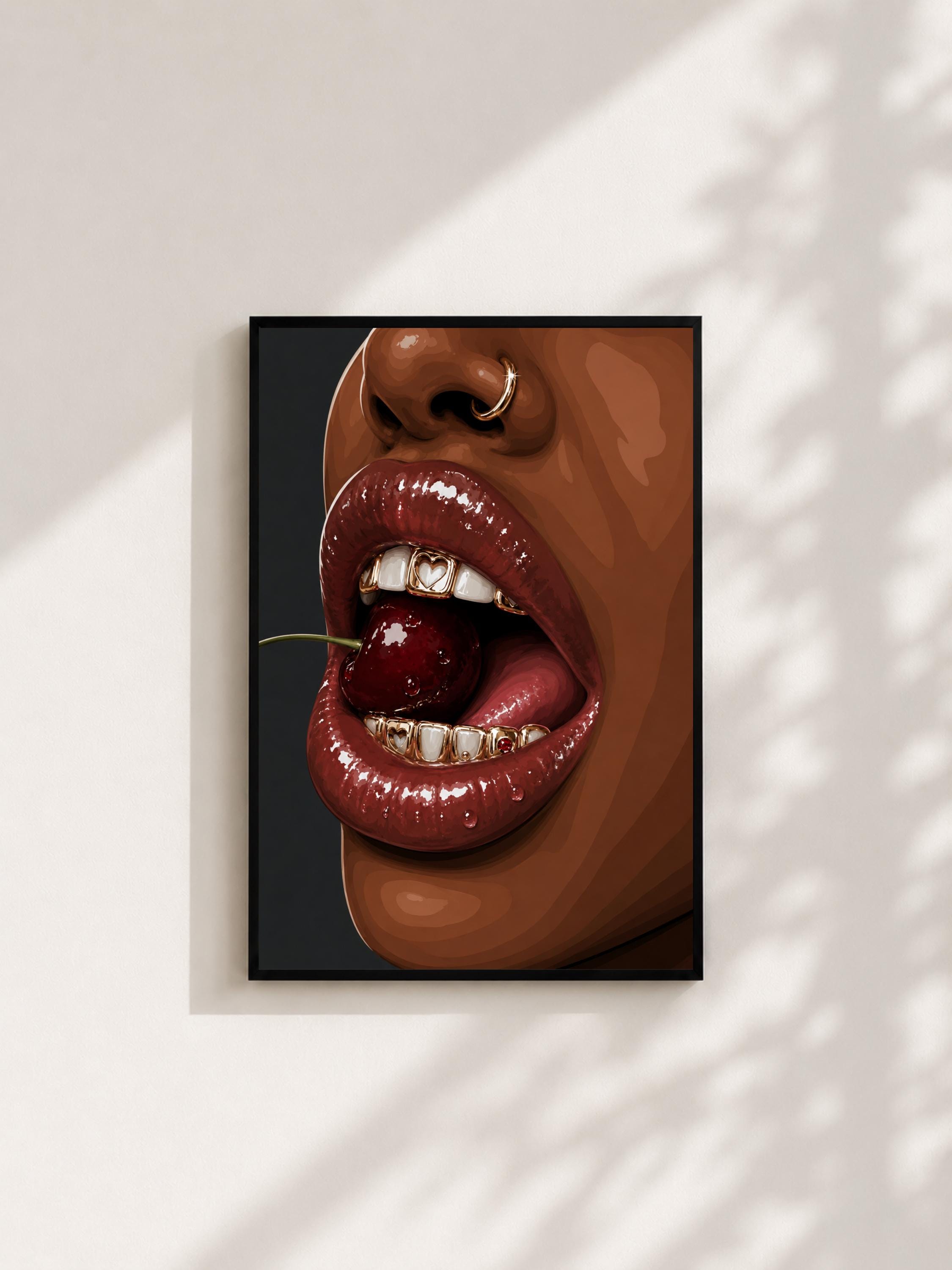Wandbild - Cherry Lips Grillz Wall Art Poster Frauen Femme Weiblichkeit Wanddeko Kunst für Wohnzimmer Schlafzimmer Modern Print Pop Art __etsy:8075278966