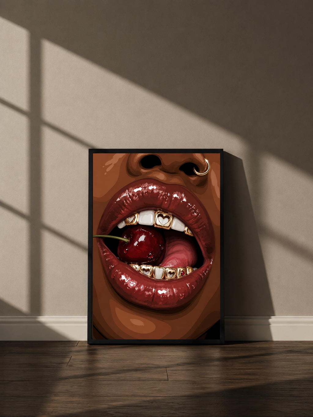 Wandbild - Cherry Lips Grillz Wall Art Poster Frauen Femme Weiblichkeit Wanddeko Kunst für Wohnzimmer Schlafzimmer Modern Print Pop Art __etsy:8123122563
