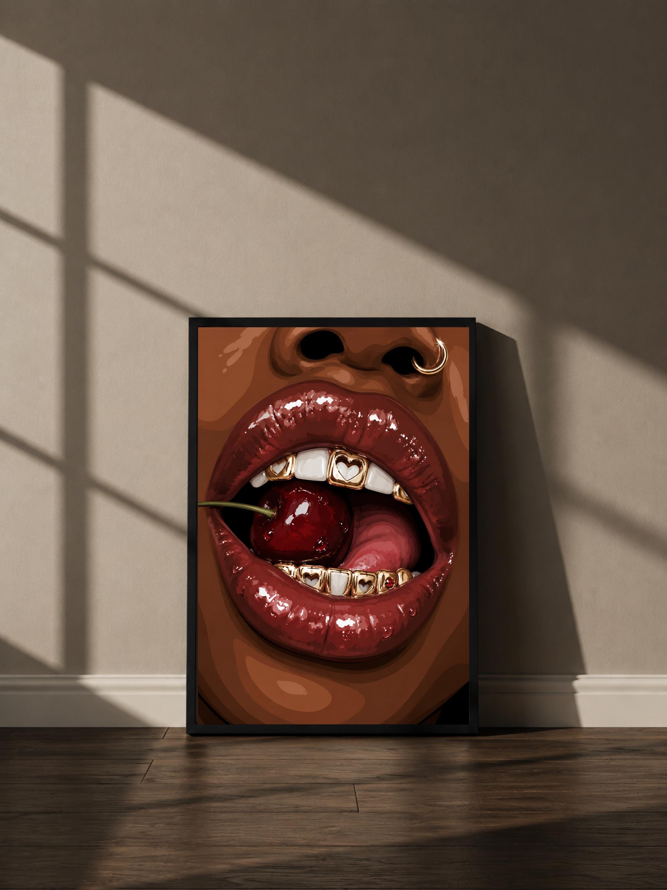Wandbild - Cherry Lips Grillz Wall Art Poster Frauen Femme Weiblichkeit Wanddeko Kunst für Wohnzimmer Schlafzimmer Modern Print Pop Art __etsy:8123122563