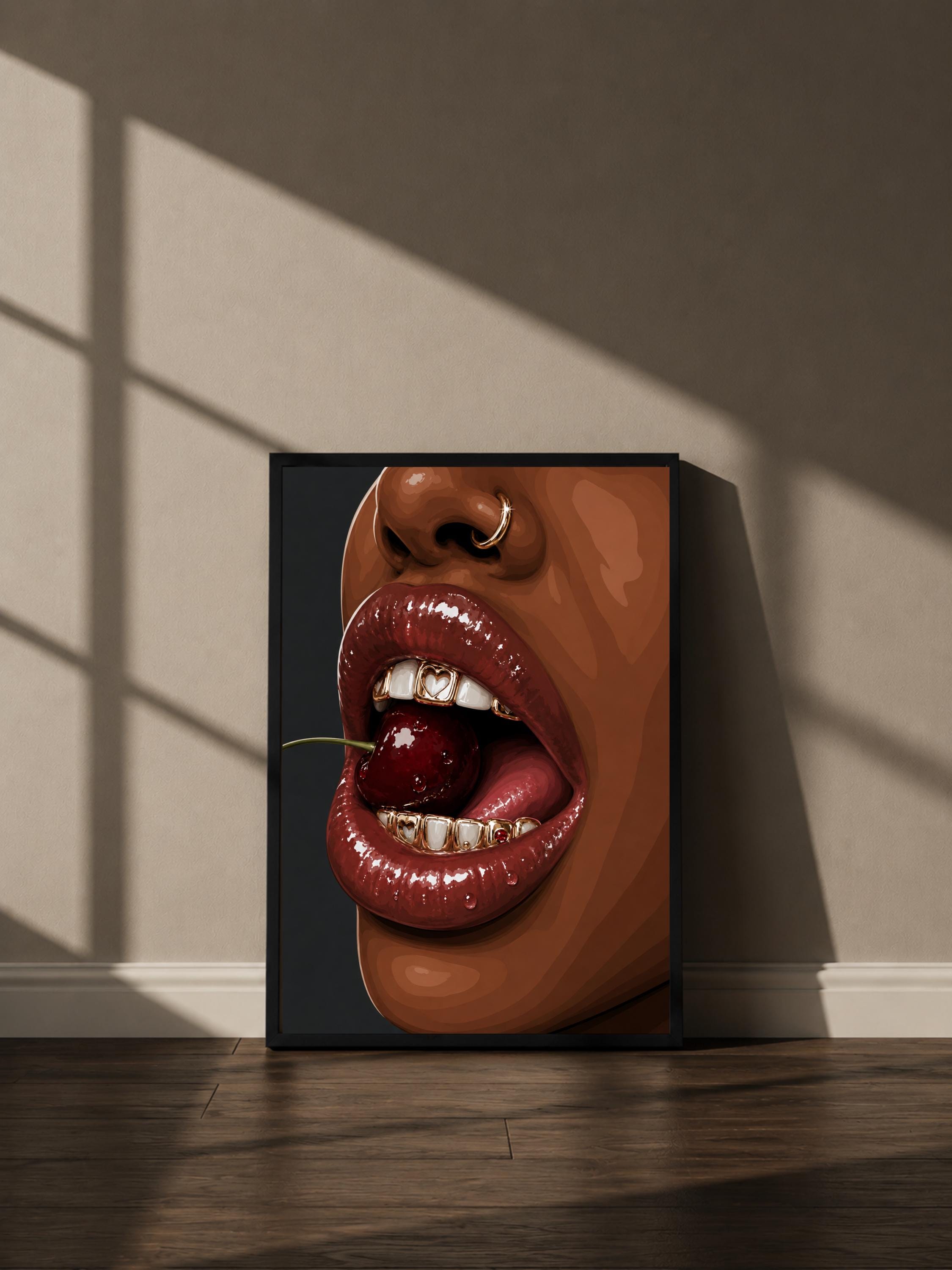 Wandbild - Cherry Lips Grillz Wall Art Poster Frauen Femme Weiblichkeit Wanddeko Kunst für Wohnzimmer Schlafzimmer Modern Print Pop Art __etsy:8123197329