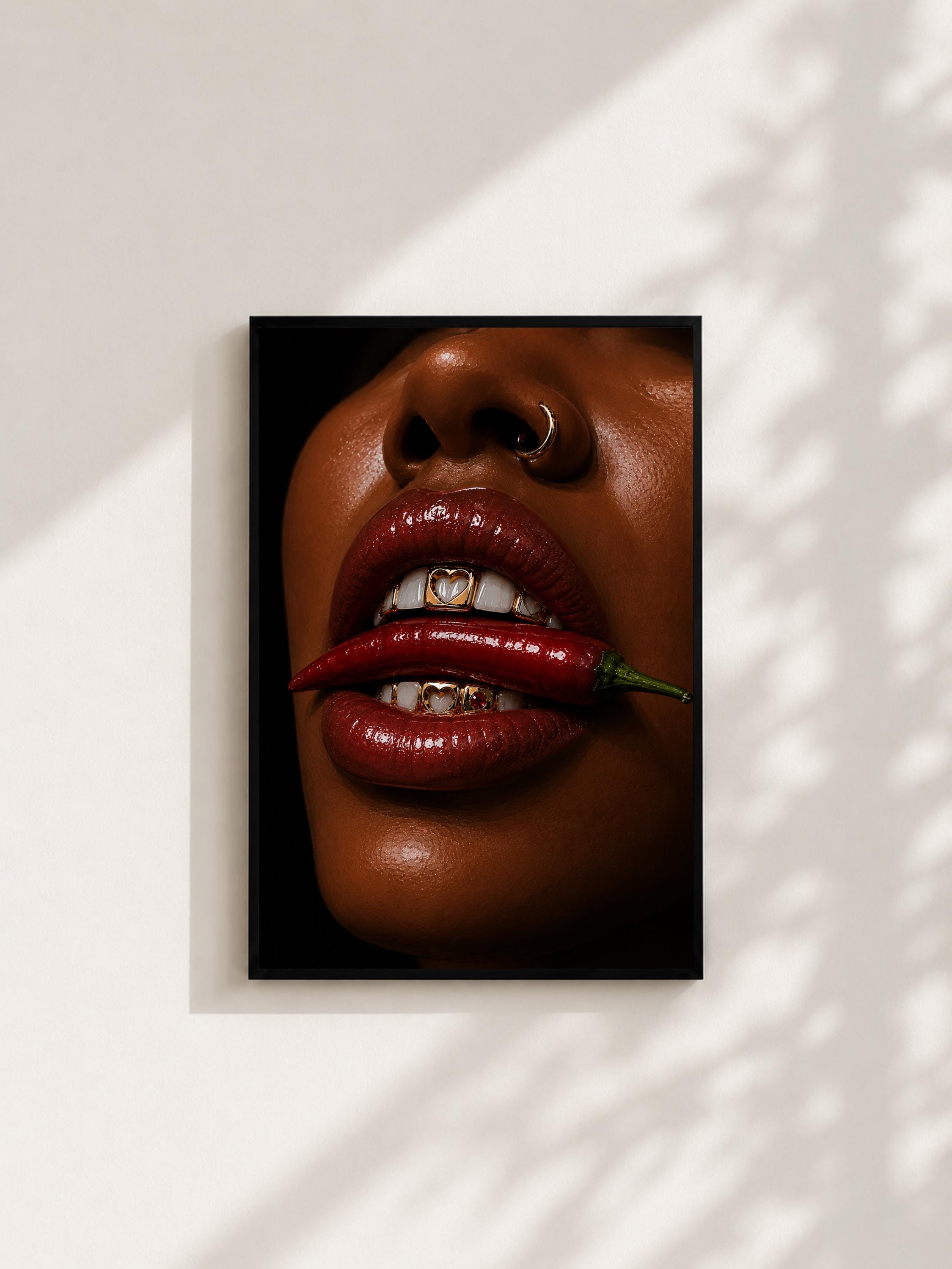 Wandbild - Chilli Lips Grillz Wall Art Poster Frauen Femme Weiblichkeit Wanddeko Kunst für Wohnzimmer Schlafzimmer Modern Print Pop Art __etsy:8142663713