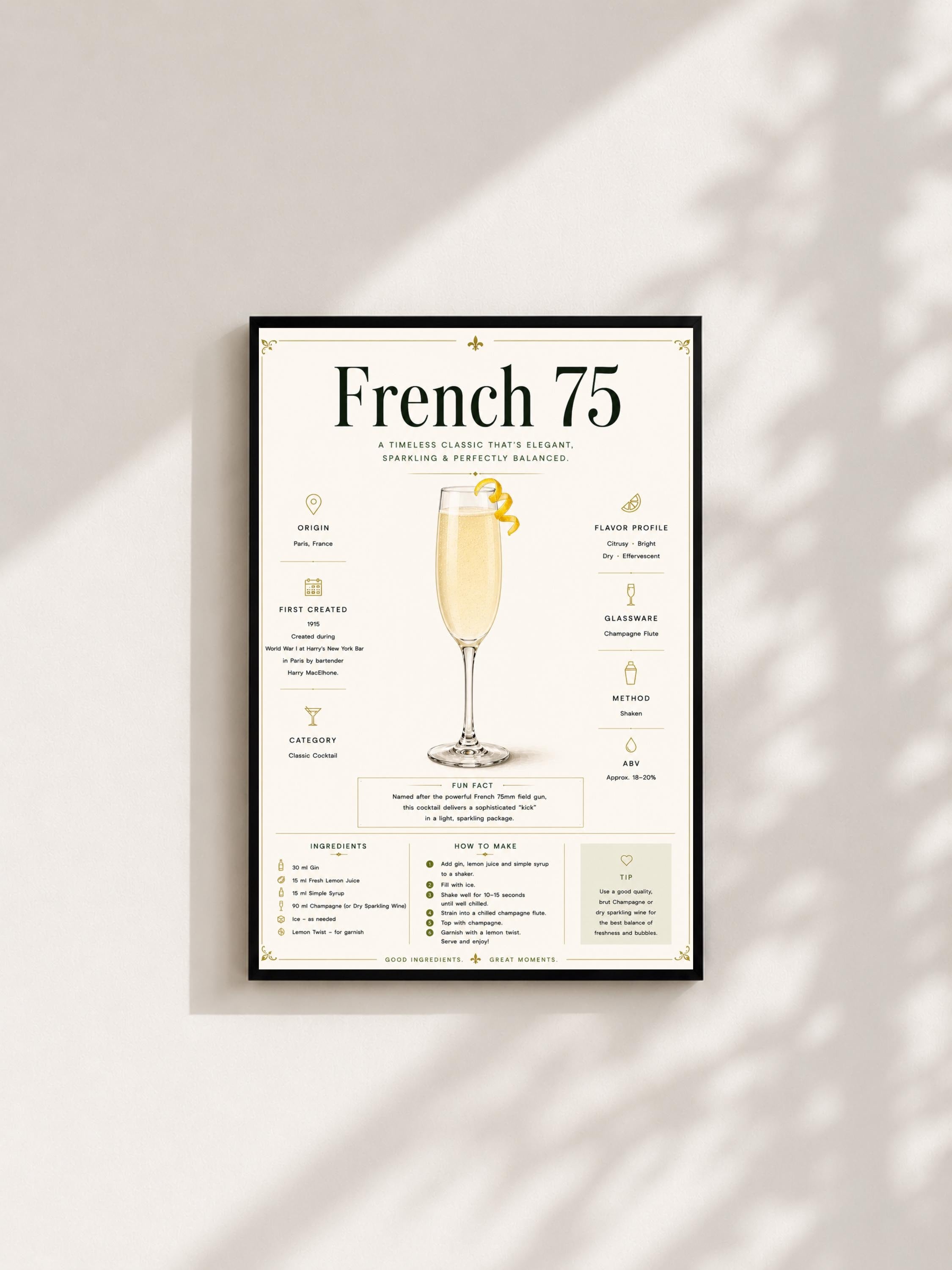 Wandbild - French 75 Cocktail Poster Wall Art Küche Bar Guide Print Minimalistisch Illustration Wanddeko Urban Dekoration Vintage __etsy:8085504566