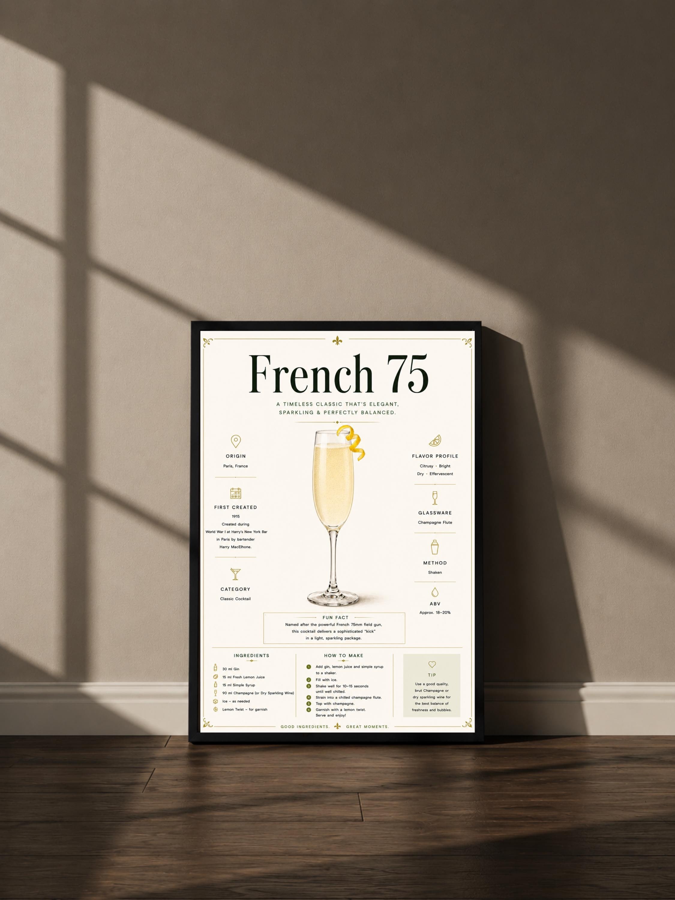 Wandbild - French 75 Cocktail Poster Wall Art Küche Bar Guide Print Minimalistisch Illustration Wanddeko Urban Dekoration Vintage __etsy:8085504798