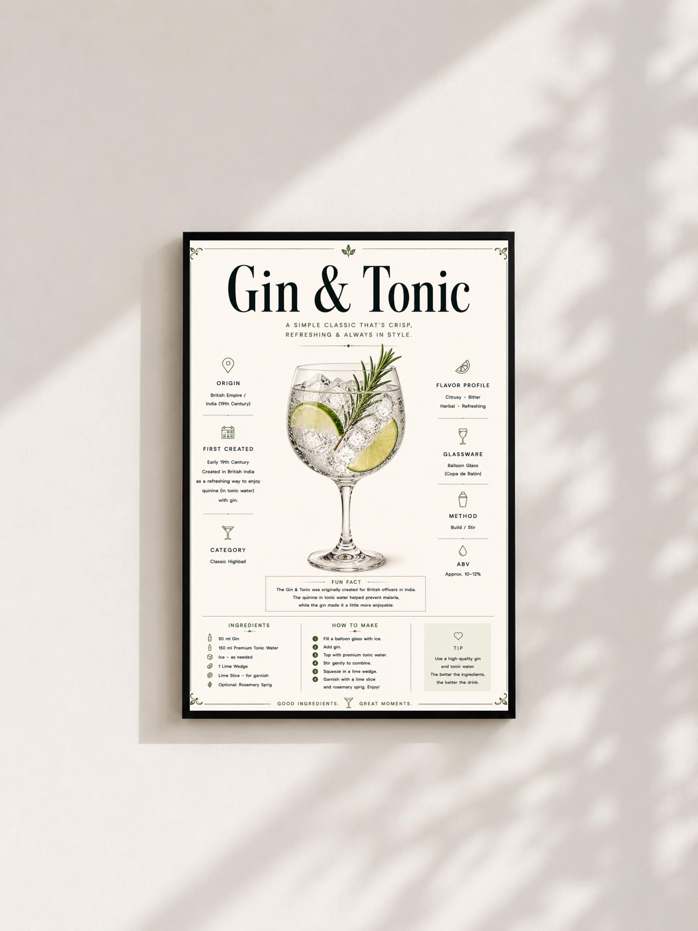 Wandbild - Gin & Tonic Cocktail Poster Wall Art Küche Bar Guide Print Minimalistisch Illustration Wanddeko Urban Dekoration Vintage __etsy:8133451841