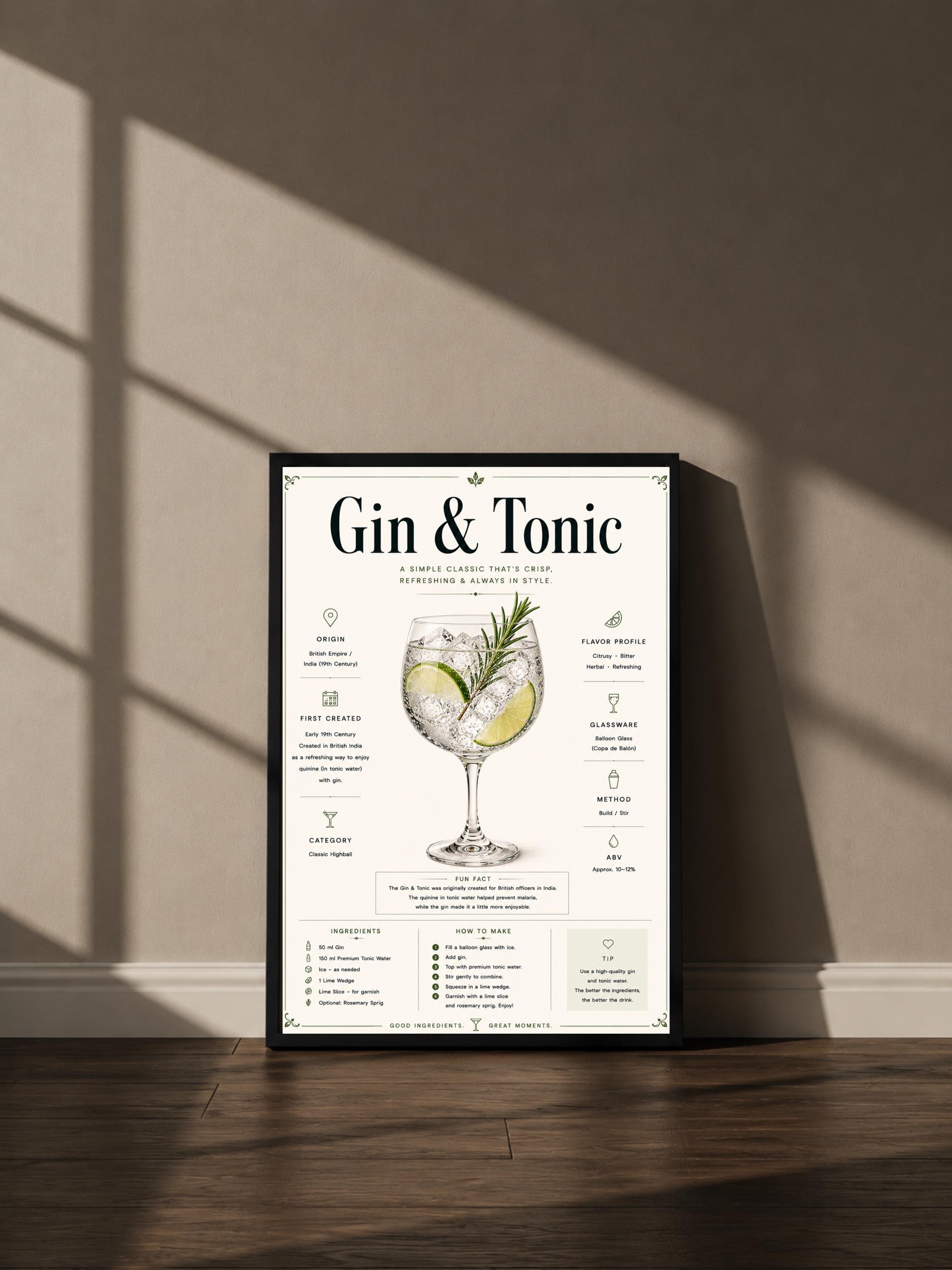 Wandbild - Gin & Tonic Cocktail Poster Wall Art Küche Bar Guide Print Minimalistisch Illustration Wanddeko Urban Dekoration Vintage __etsy:8133451603