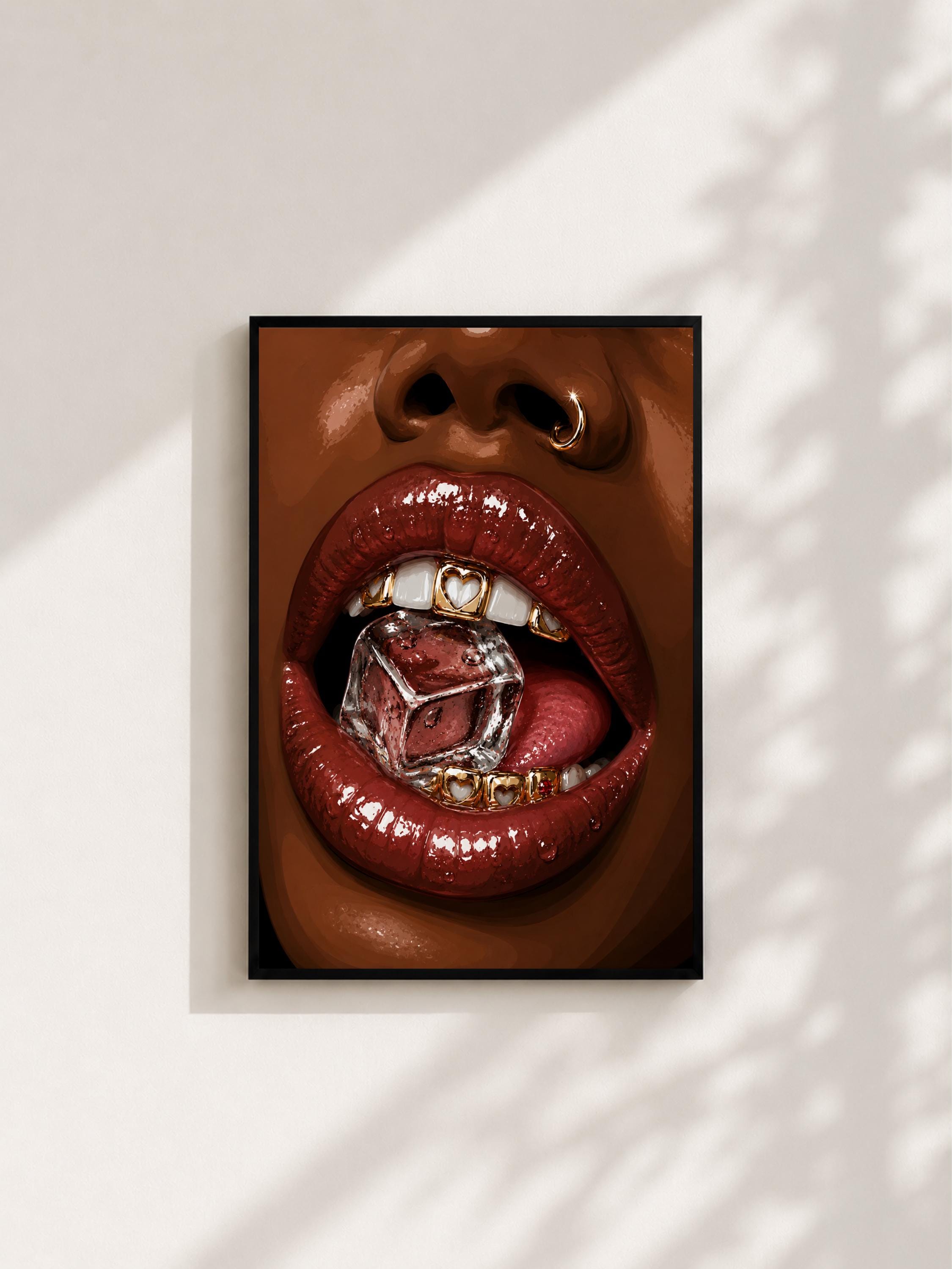 Wandbild - Ice Cube Lips Grillz Wall Art Poster Frauen Femme Weiblichkeit Wanddeko Kunst für Wohnzimmer Schlafzimmer Modern Print Pop Art __etsy:8124435125