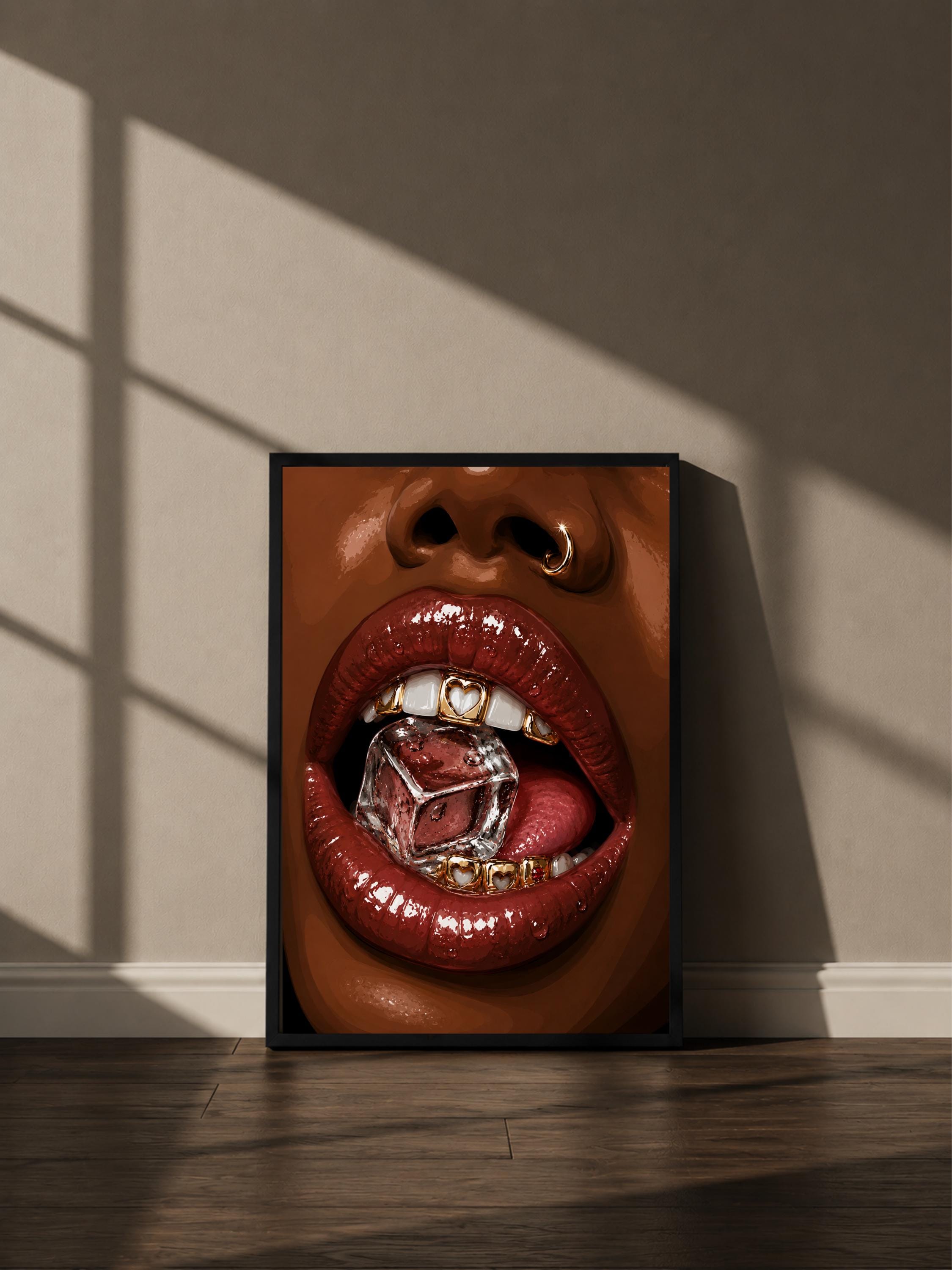 Wandbild - Ice Cube Lips Grillz Wall Art Poster Frauen Femme Weiblichkeit Wanddeko Kunst für Wohnzimmer Schlafzimmer Modern Print Pop Art __etsy:8124435139