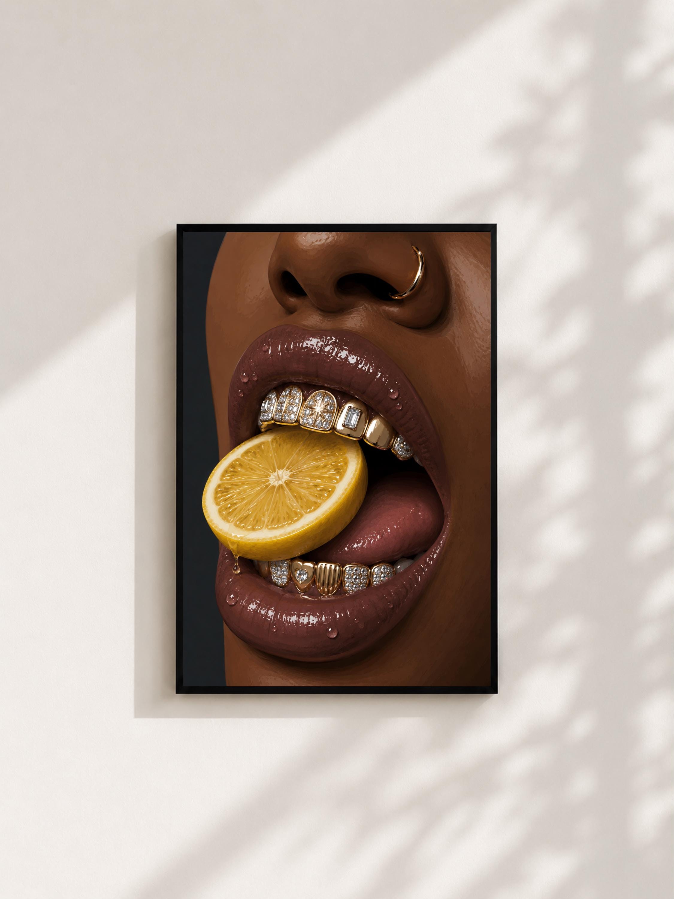 Wandbild - Lemon Lips Grillz Wall Art Poster Frauen Femme Weiblichkeit Wanddeko Kunst für Wohnzimmer Schlafzimmer Modern Print Pop Art __etsy:8123247089
