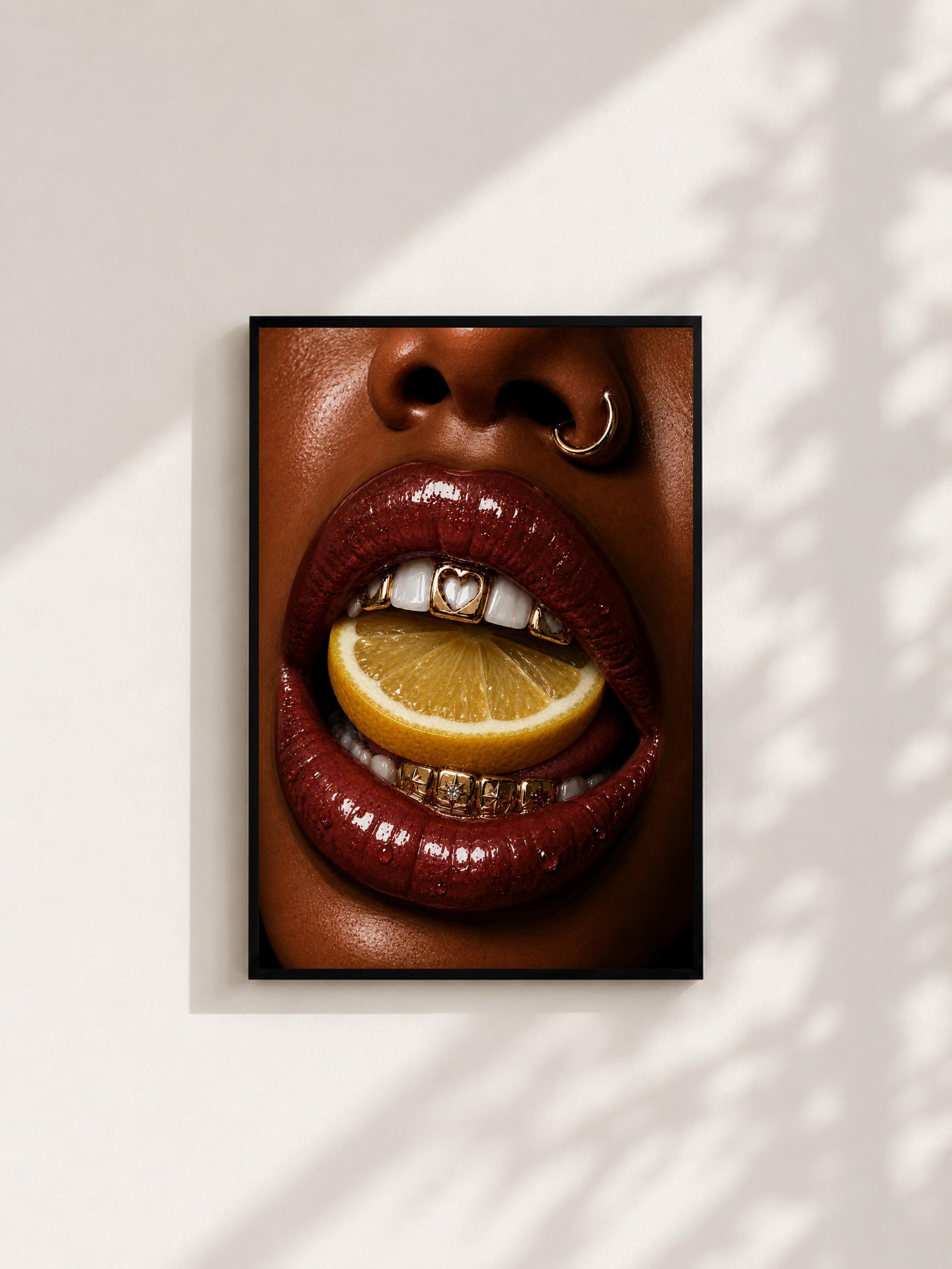 Wandbild - Lemon Lips Grillz Wall Art Poster Frauen Femme Weiblichkeit Wanddeko Kunst für Wohnzimmer Schlafzimmer Modern Print Pop Art __etsy:8079336428