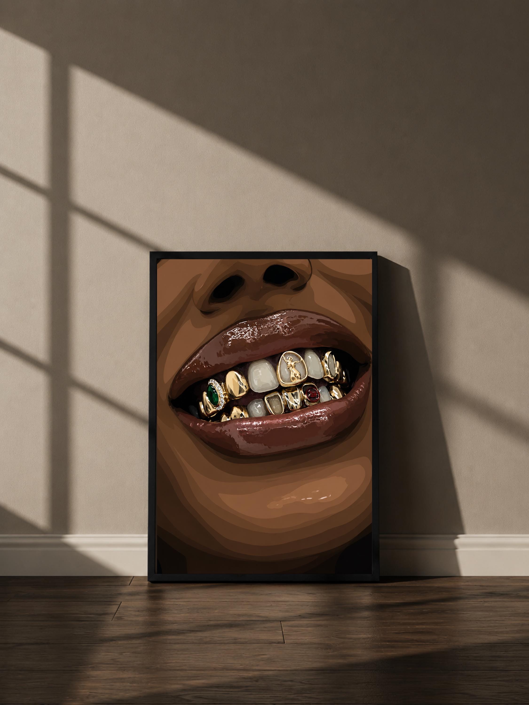 Wandbild - Lips Grillz Wall Art Poster Frauen Femme Weiblichkeit Wanddeko Kunst für Wohnzimmer Schlafzimmer Modern Print Pop Art Girl __etsy:8088484322