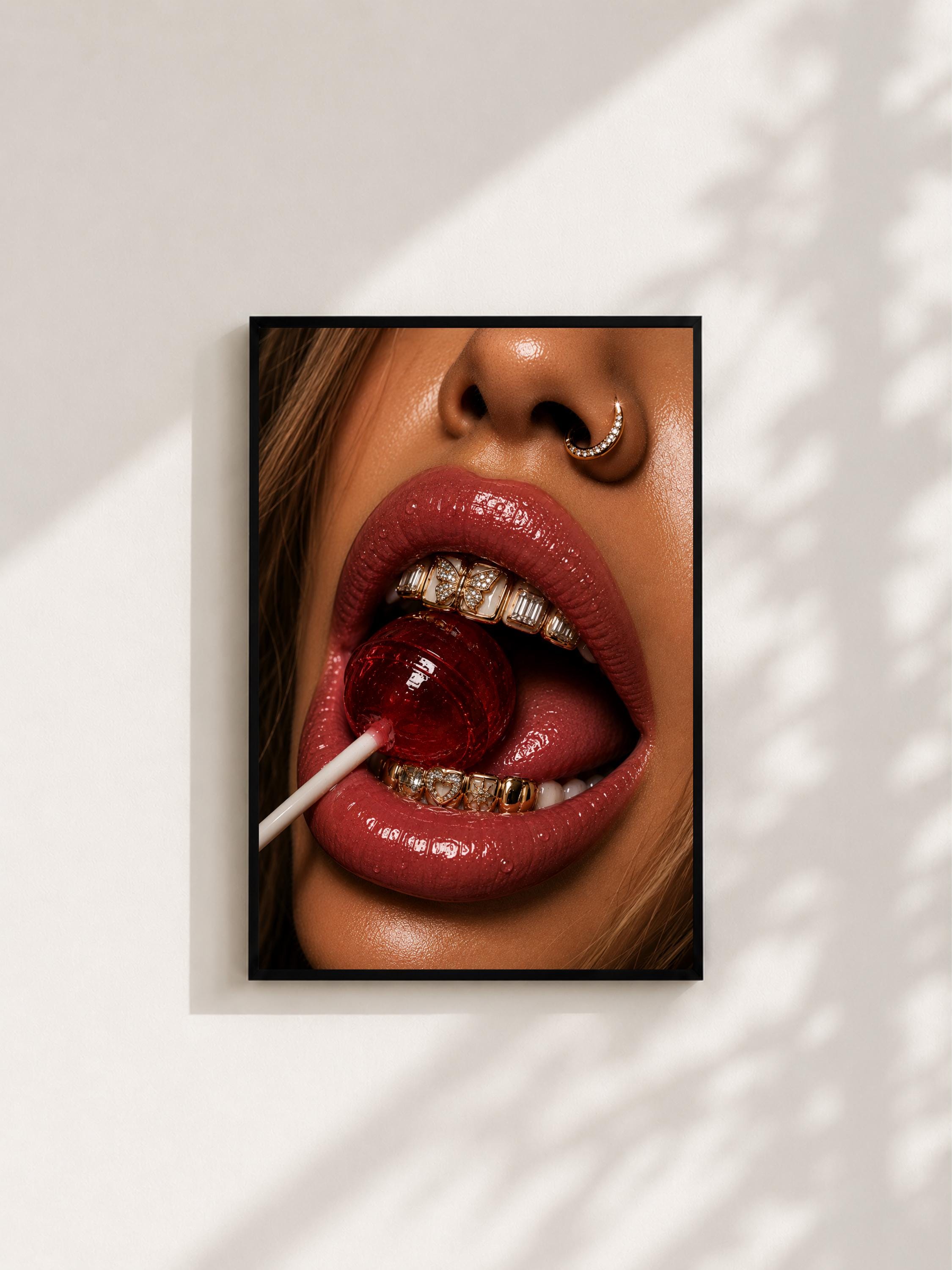 Wandbild - Lolli Lips Grillz Wall Art Poster Frauen Femme Weiblichkeit Wanddeko Kunst für Wohnzimmer Schlafzimmer Modern Print Pop Art __etsy:8079338692