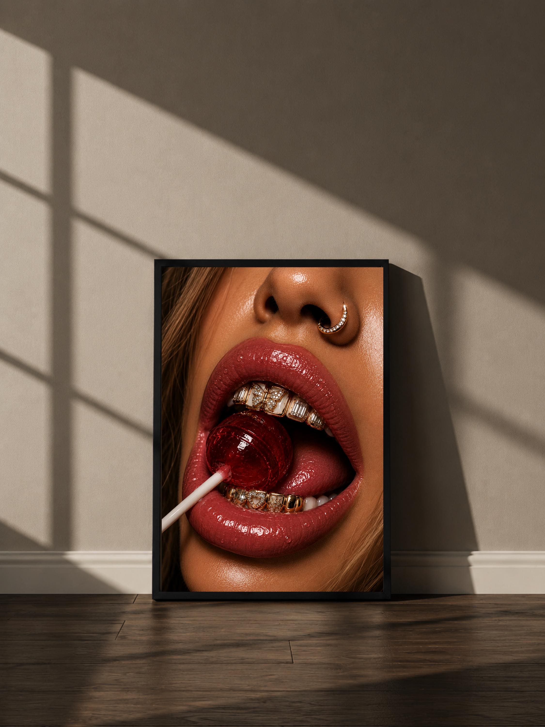 Wandbild - Lolli Lips Grillz Wall Art Poster Frauen Femme Weiblichkeit Wanddeko Kunst für Wohnzimmer Schlafzimmer Modern Print Pop Art __etsy:8127259187