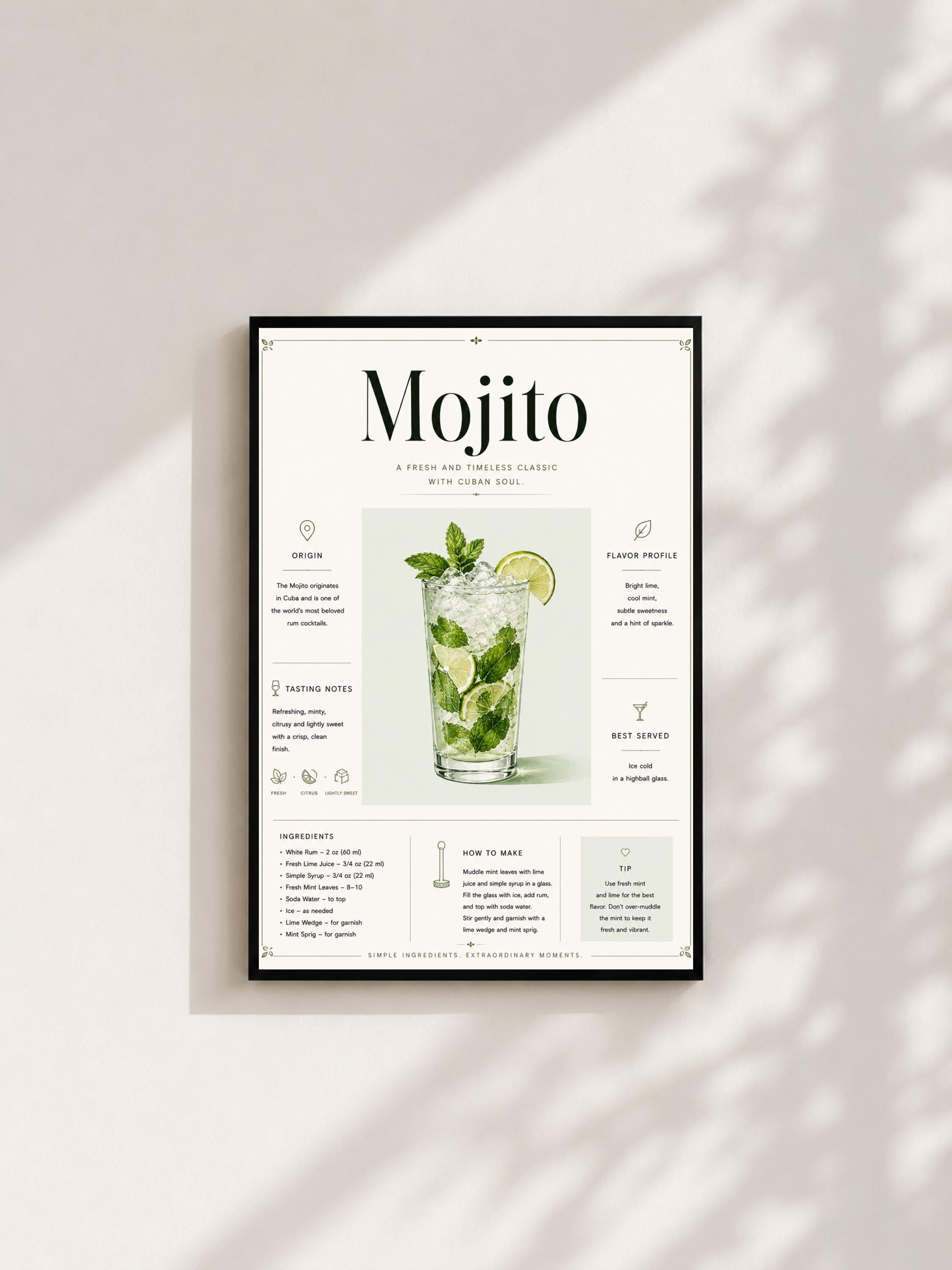 Wandbild - Mojito Cocktail Poster Wall Art Küche Bar Guide Print Minimalistisch Illustration Wanddeko Urban Dekoration Vintage __etsy:8085526092