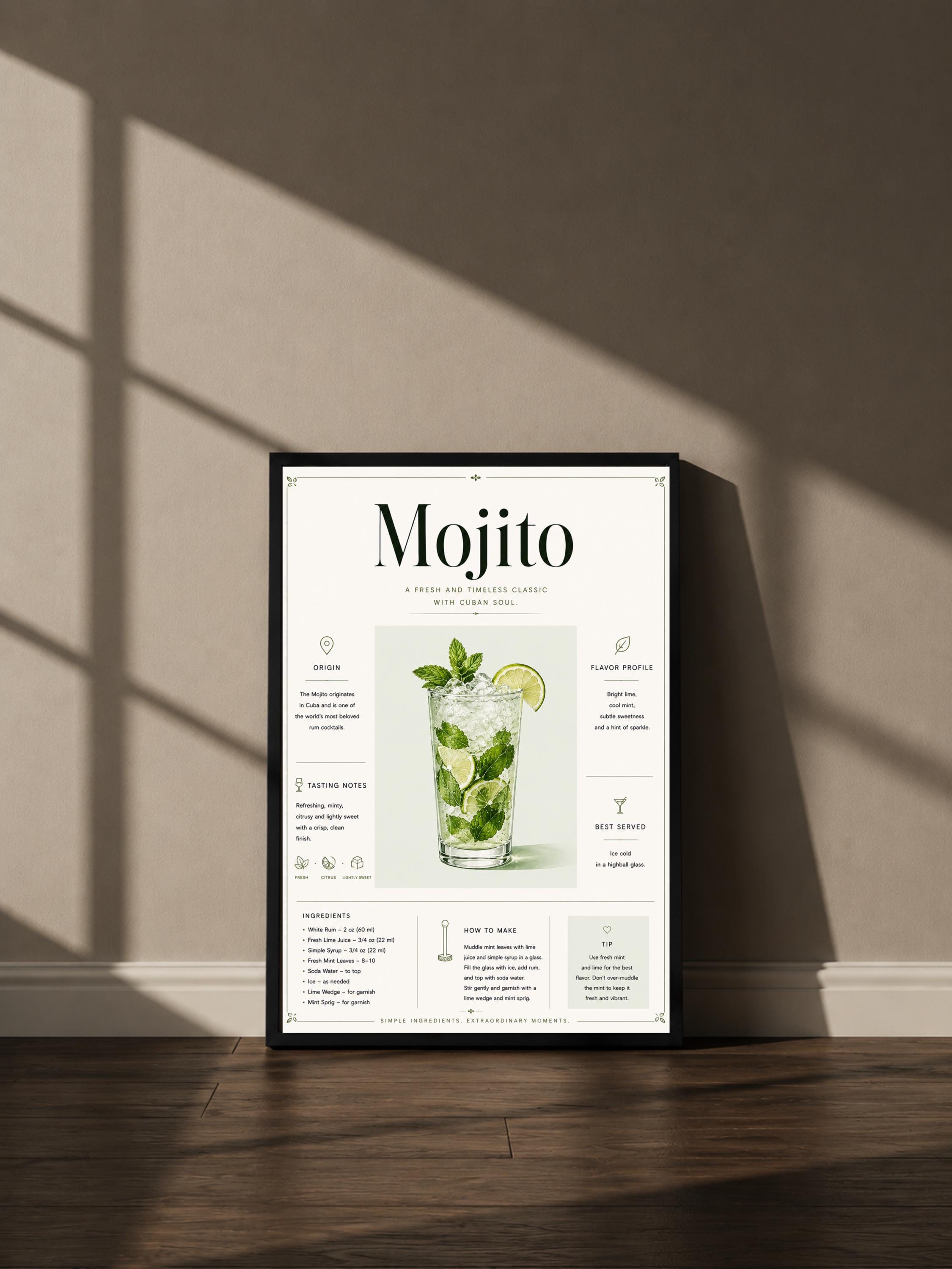Wandbild - Mojito Cocktail Poster Wall Art Küche Bar Guide Print Minimalistisch Illustration Wanddeko Urban Dekoration Vintage __etsy:8085526392