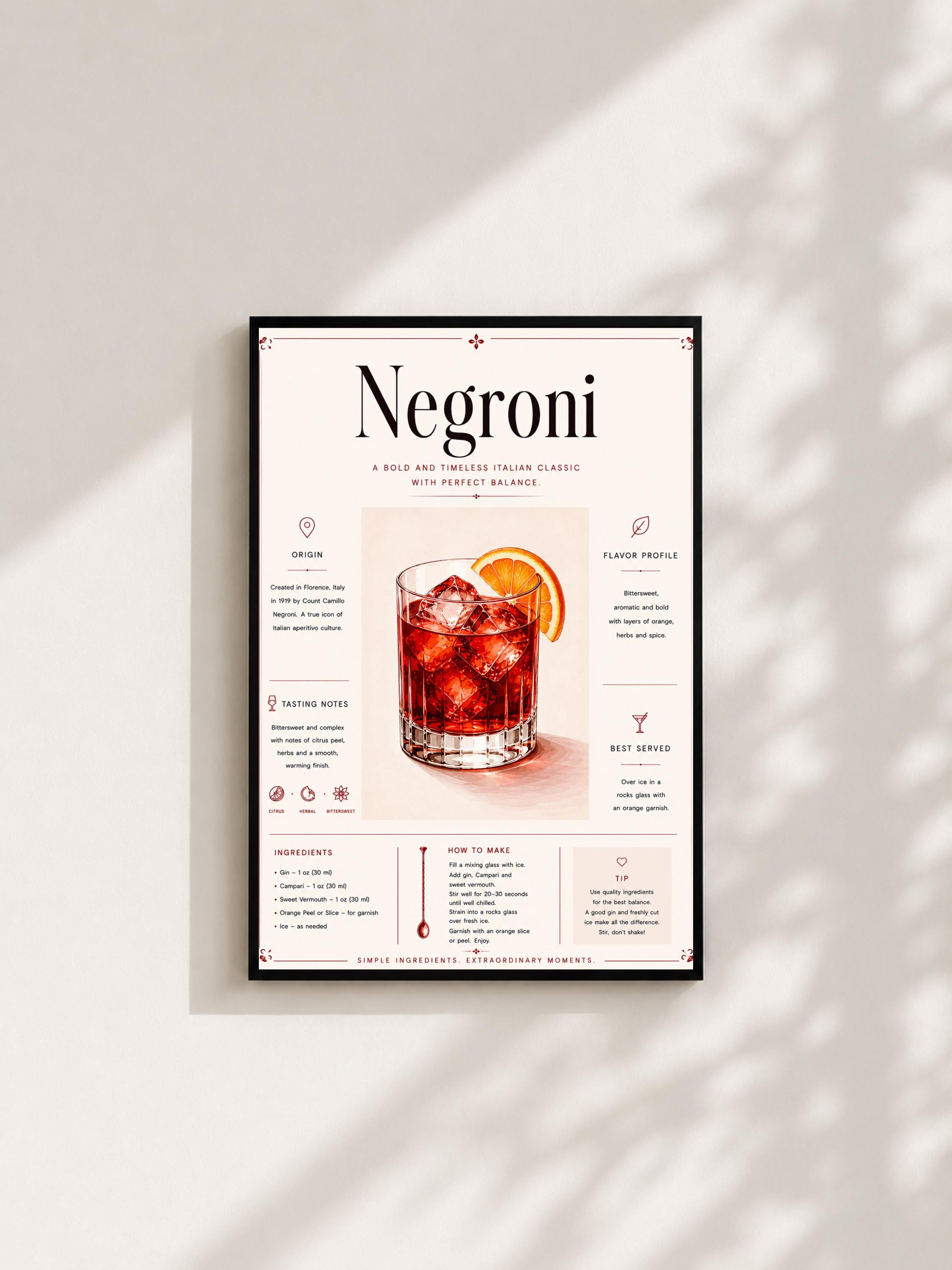 Wandbild - Negroni Cocktail Poster Wall Art Küche Bar Guide Print Minimalistisch Illustration Wanddeko Urban Dekoration Vintage __etsy:8085516760