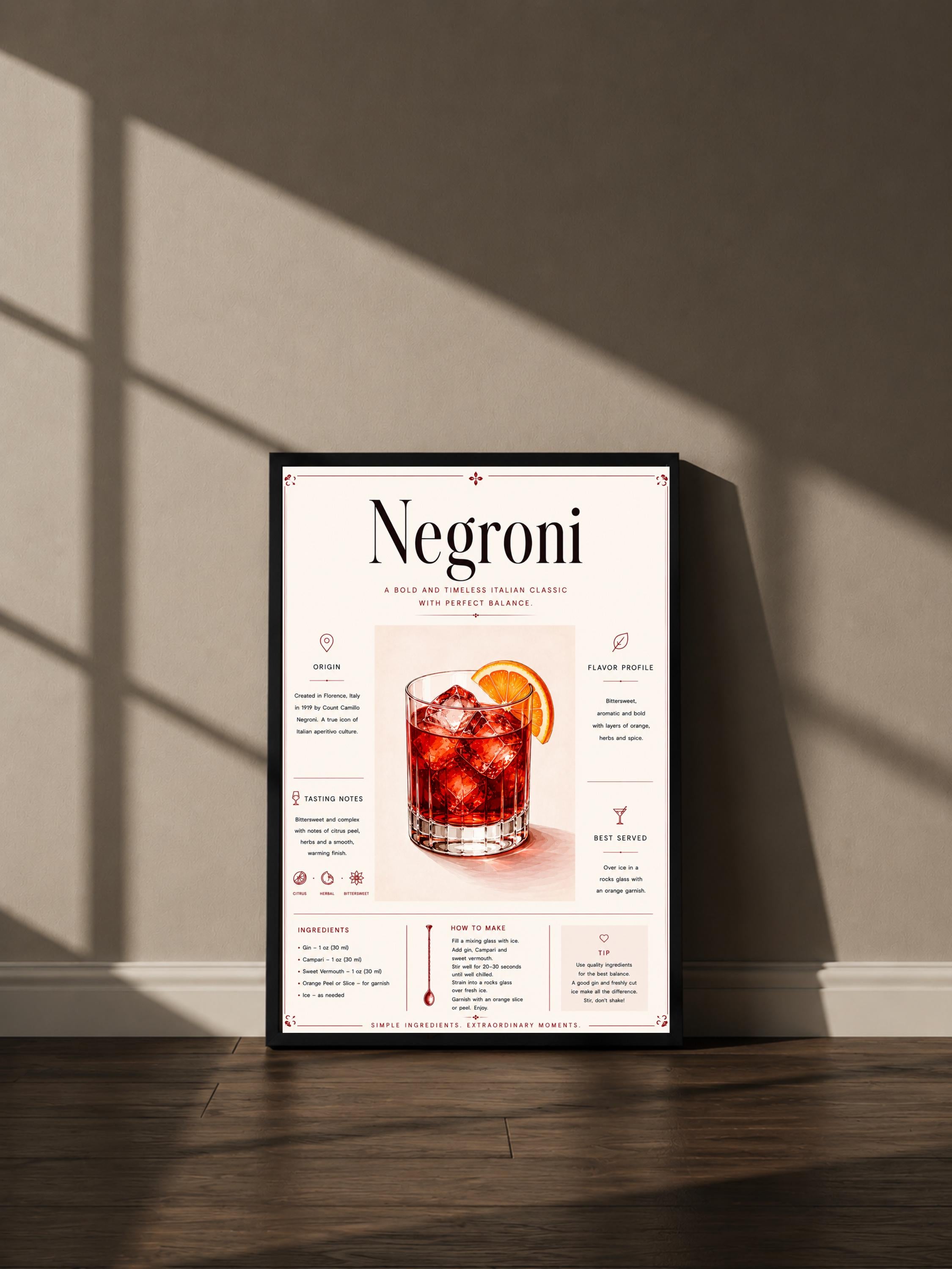 Wandbild - Negroni Cocktail Poster Wall Art Küche Bar Guide Print Minimalistisch Illustration Wanddeko Urban Dekoration Vintage __etsy:8133425413