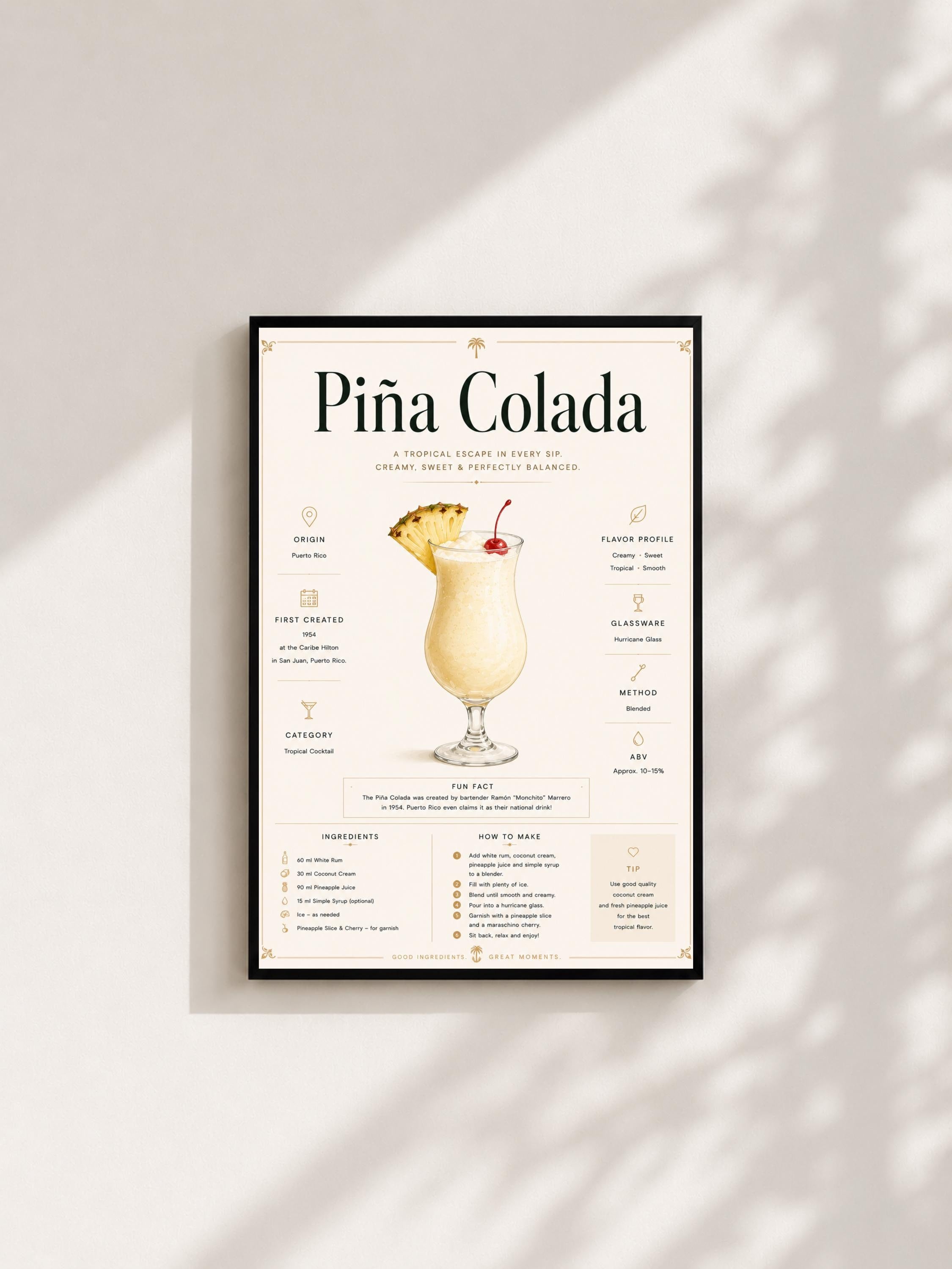 Wandbild - Pina Colada Cocktail Poster Wall Art Küche Bar Guide Print Minimalistisch Illustration Wanddeko Urban Dekoration Vintage __etsy:8085507564
