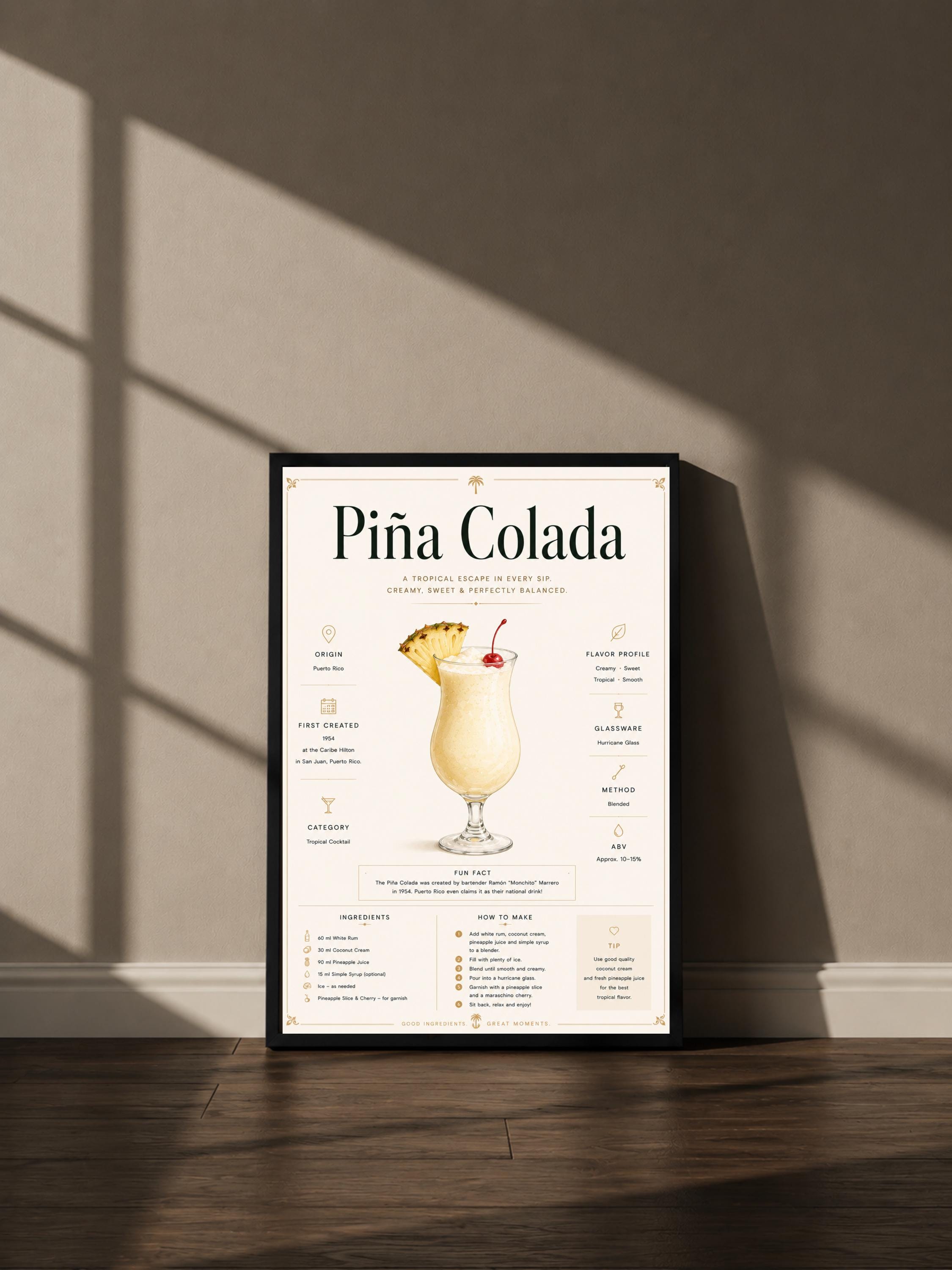 Wandbild - Pina Colada Cocktail Poster Wall Art Küche Bar Guide Print Minimalistisch Illustration Wanddeko Urban Dekoration Vintage __etsy:8133418455