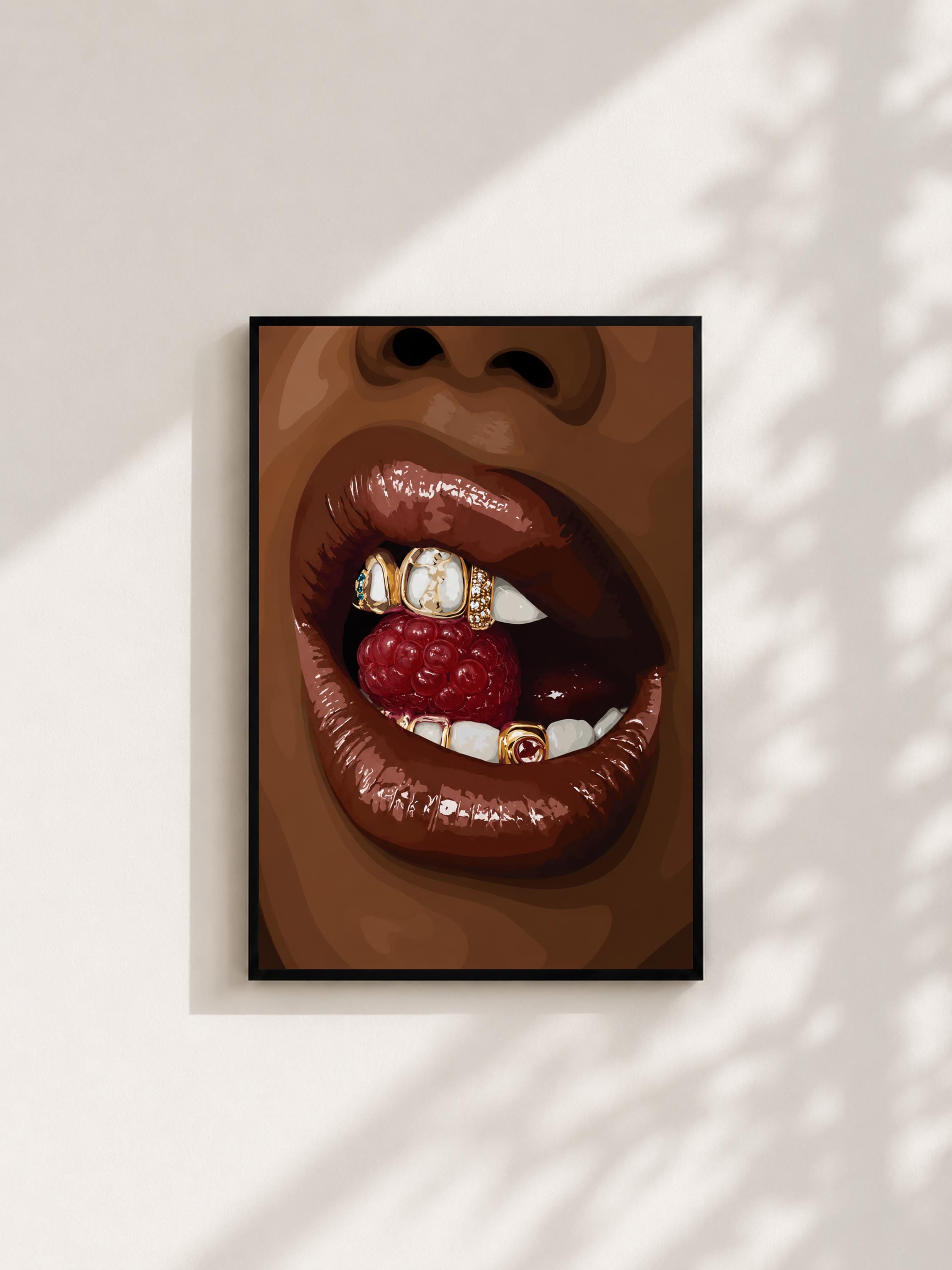 Wandbild - Raspberry Lips Grillz Wall Art Poster Frauen Femme Weiblichkeit Wanddeko Kunst für Wohnzimmer Schlafzimmer Modern Print Pop Art __etsy:8123204099