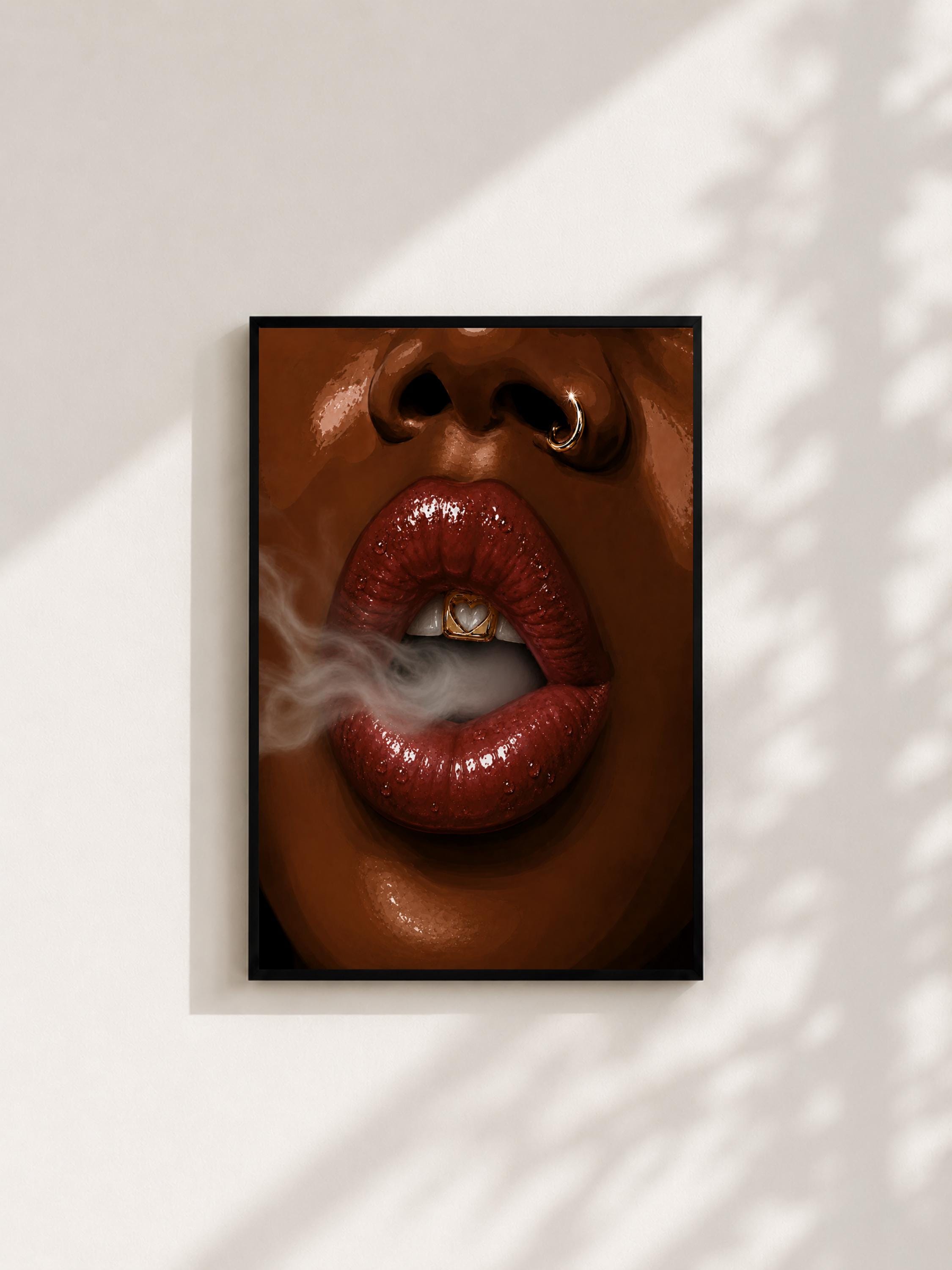 Wandbild - Smoke Lips Grillz Wall Art Poster Frauen Femme Weiblichkeit Wanddeko Kunst für Wohnzimmer Schlafzimmer Modern Print Pop Art __etsy:8127225207