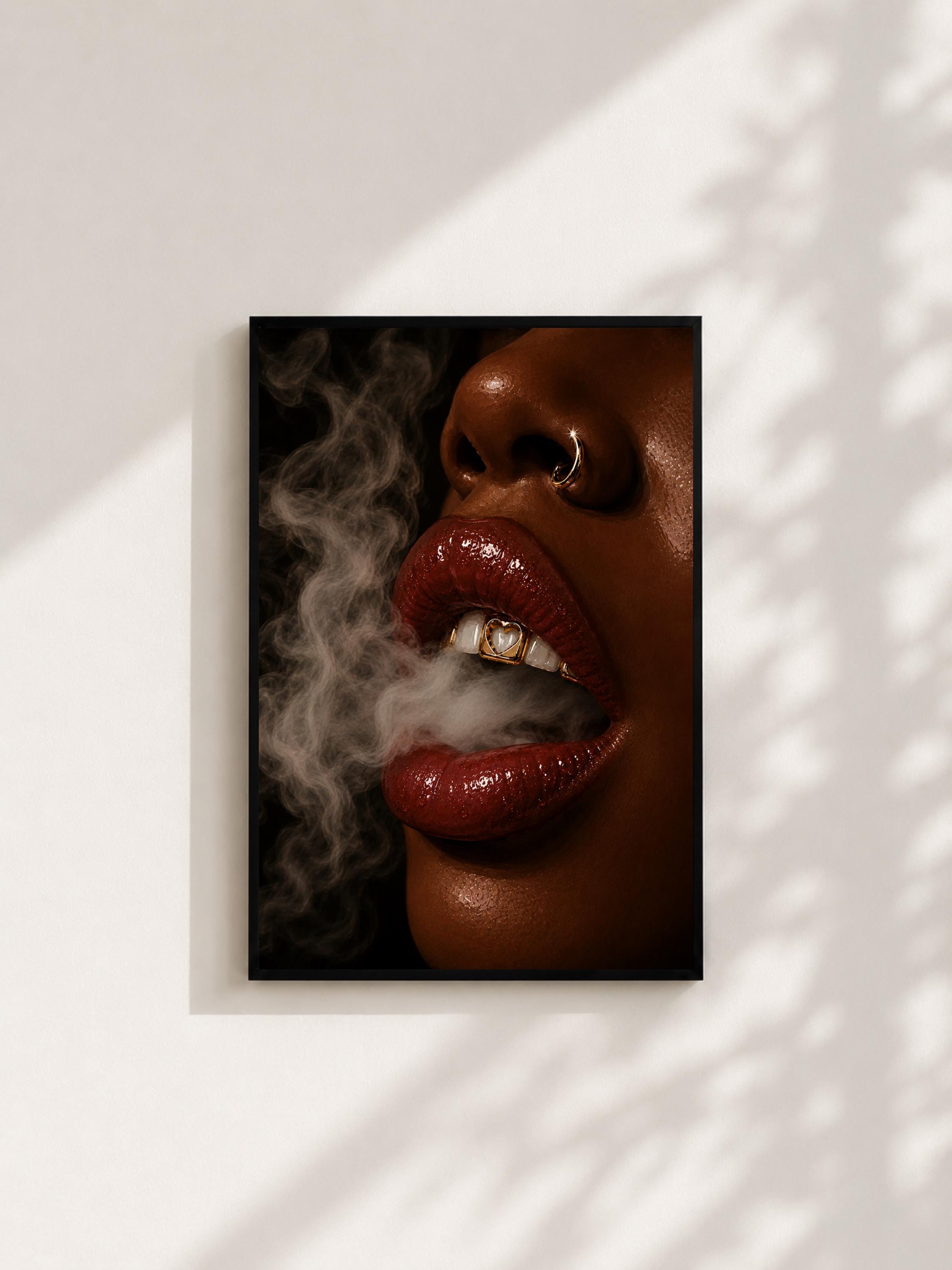 Wandbild - Smoke Lips Grillz Wall Art Poster Frauen Femme Weiblichkeit Wanddeko Kunst für Wohnzimmer Schlafzimmer Modern Print Pop Art __etsy:8127226779