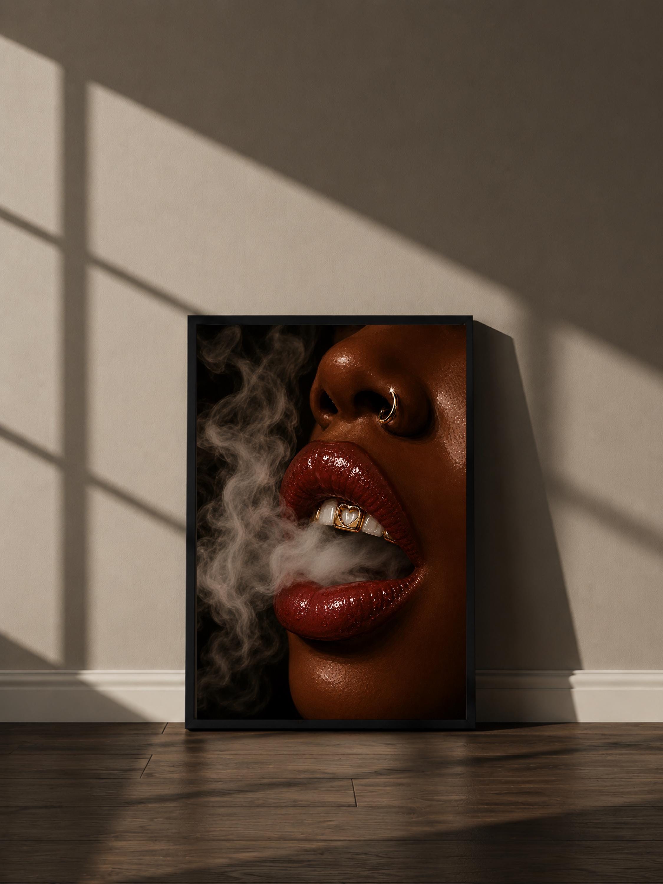 Wandbild - Smoke Lips Grillz Wall Art Poster Frauen Femme Weiblichkeit Wanddeko Kunst für Wohnzimmer Schlafzimmer Modern Print Pop Art __etsy:8079306136