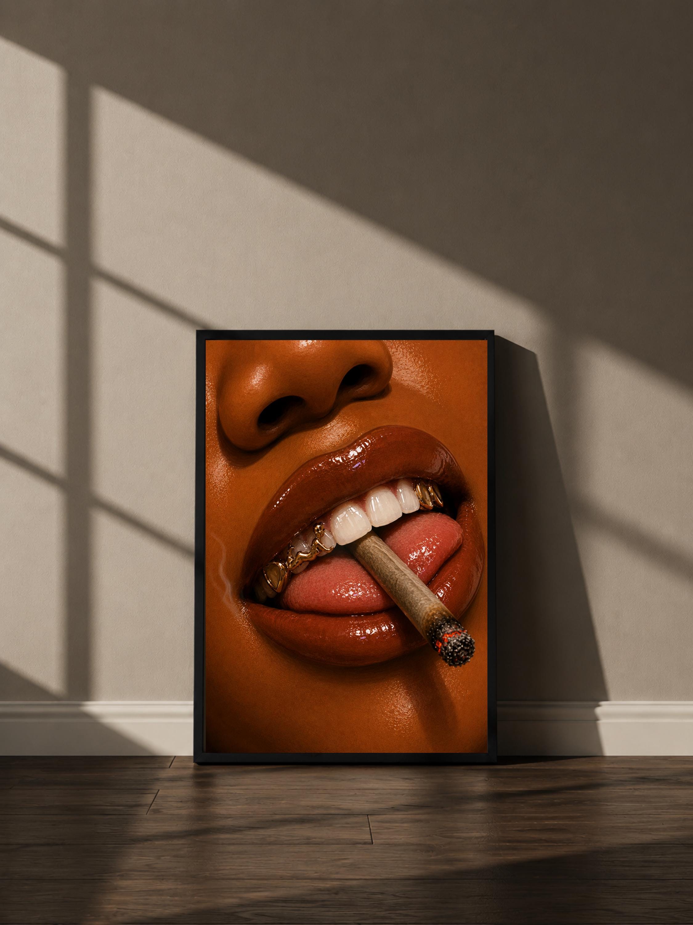 Wandbild - Smoke Lips Grillz Wall Art Poster Frauen Femme Weiblichkeit Wanddeko Kunst für Wohnzimmer Schlafzimmer Modern Print Pop Art Girl __etsy:8088476934