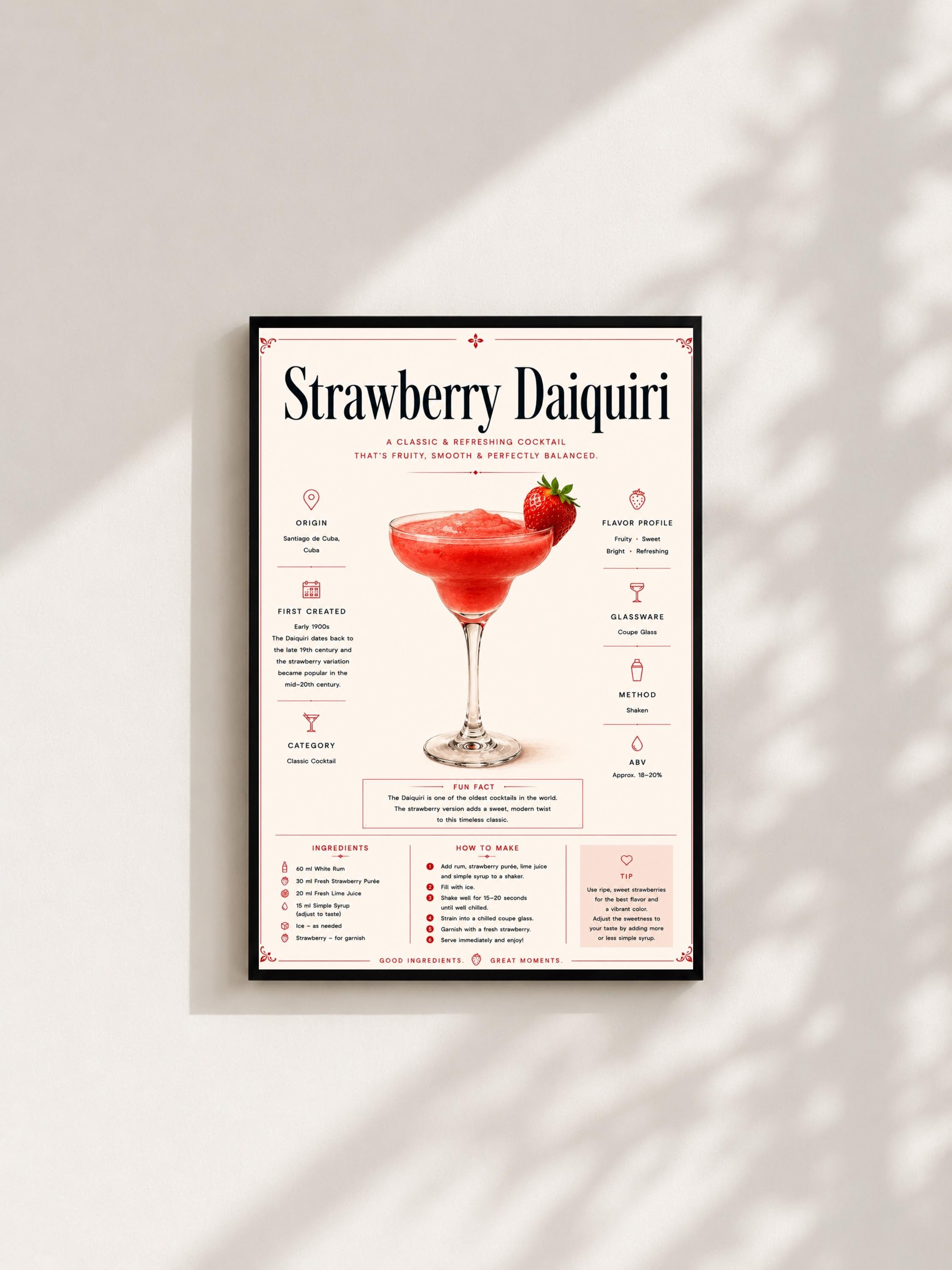 Wandbild - Strawberry Daiquiri Cocktail Poster Wall Art Küche Bar Guide Print Minimalistisch Illustration Wanddeko Urban Dekoration Vintage __etsy:8133441199