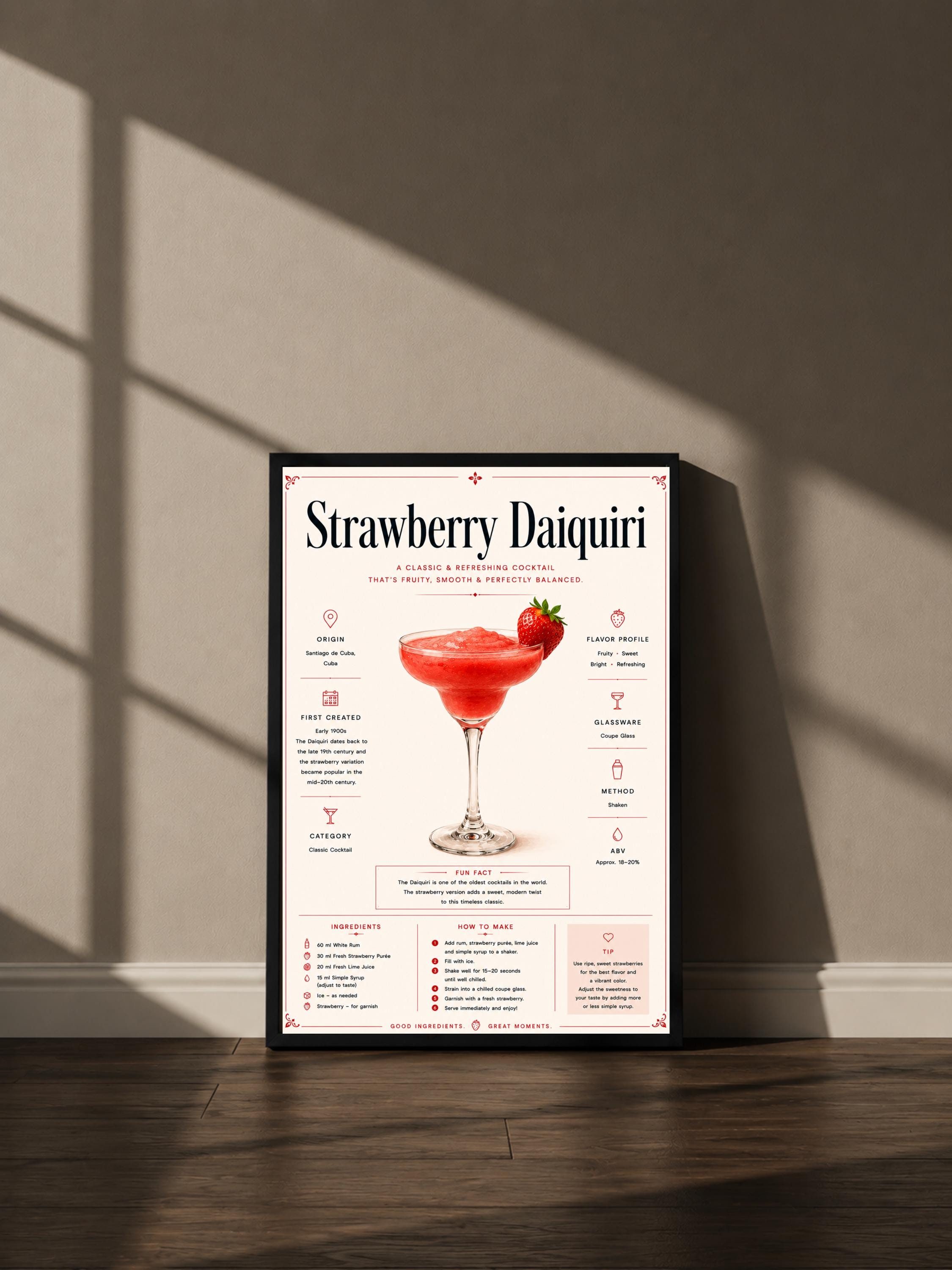 Wandbild - Strawberry Daiquiri Cocktail Poster Wall Art Küche Bar Guide Print Minimalistisch Illustration Wanddeko Urban Dekoration Vintage __etsy:8085530538