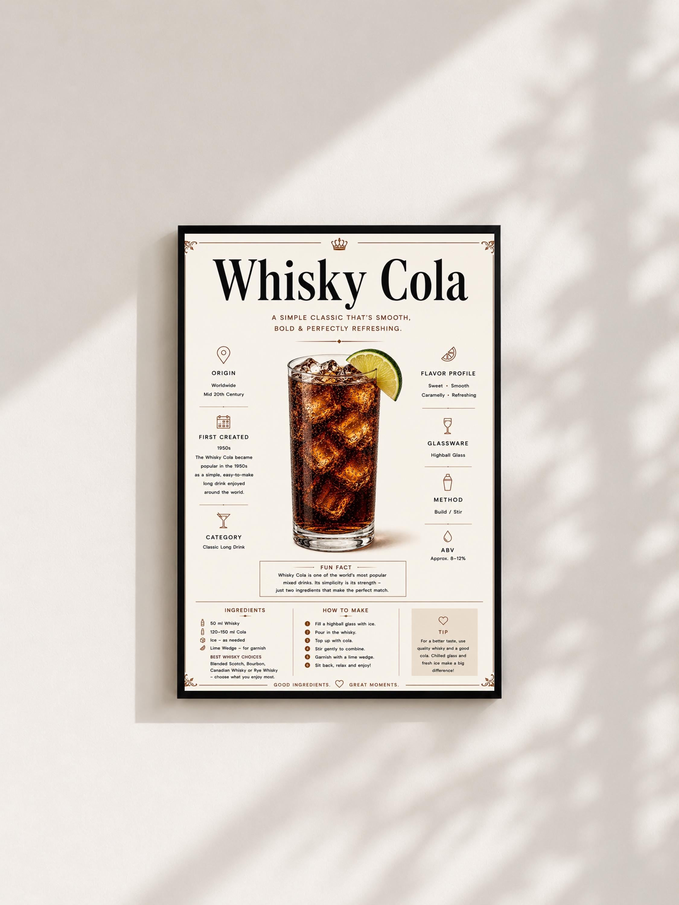 Wandbild - Whisky Cola Cocktail Poster Wall Art Küche Bar Guide Print Minimalistisch Illustration Wanddeko Urban Dekoration Vintage __etsy:8133455333