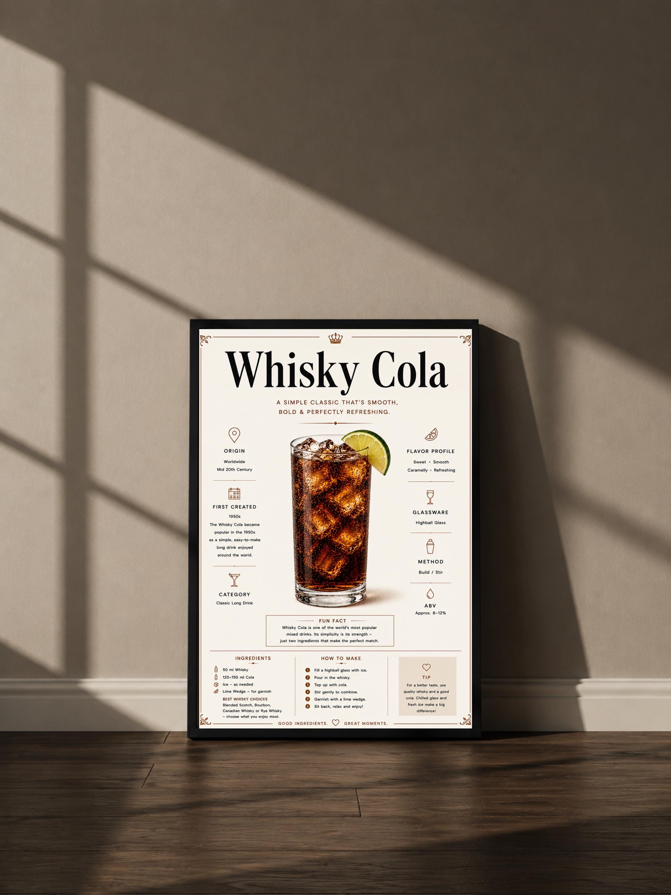 Wandbild - Whisky Cola Cocktail Poster Wall Art Küche Bar Guide Print Minimalistisch Illustration Wanddeko Urban Dekoration Vintage __etsy:8133455611