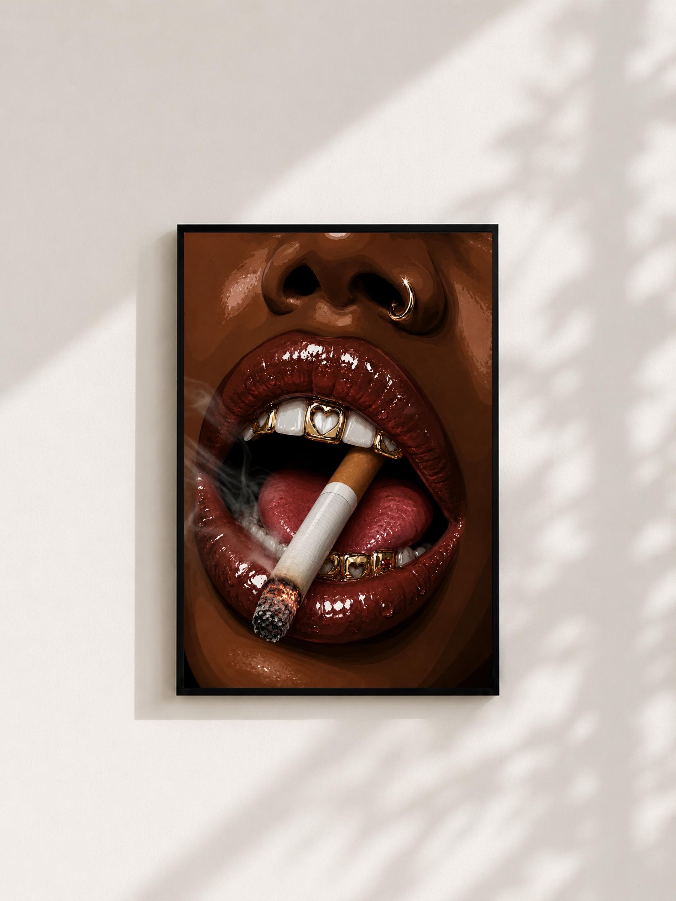 Wandbild - Zigarette Lips Grillz Wall Art Poster Frauen Femme Weiblichkeit Wanddeko Kunst für Wohnzimmer Schlafzimmer Modern Print Pop Art __etsy:8079297628