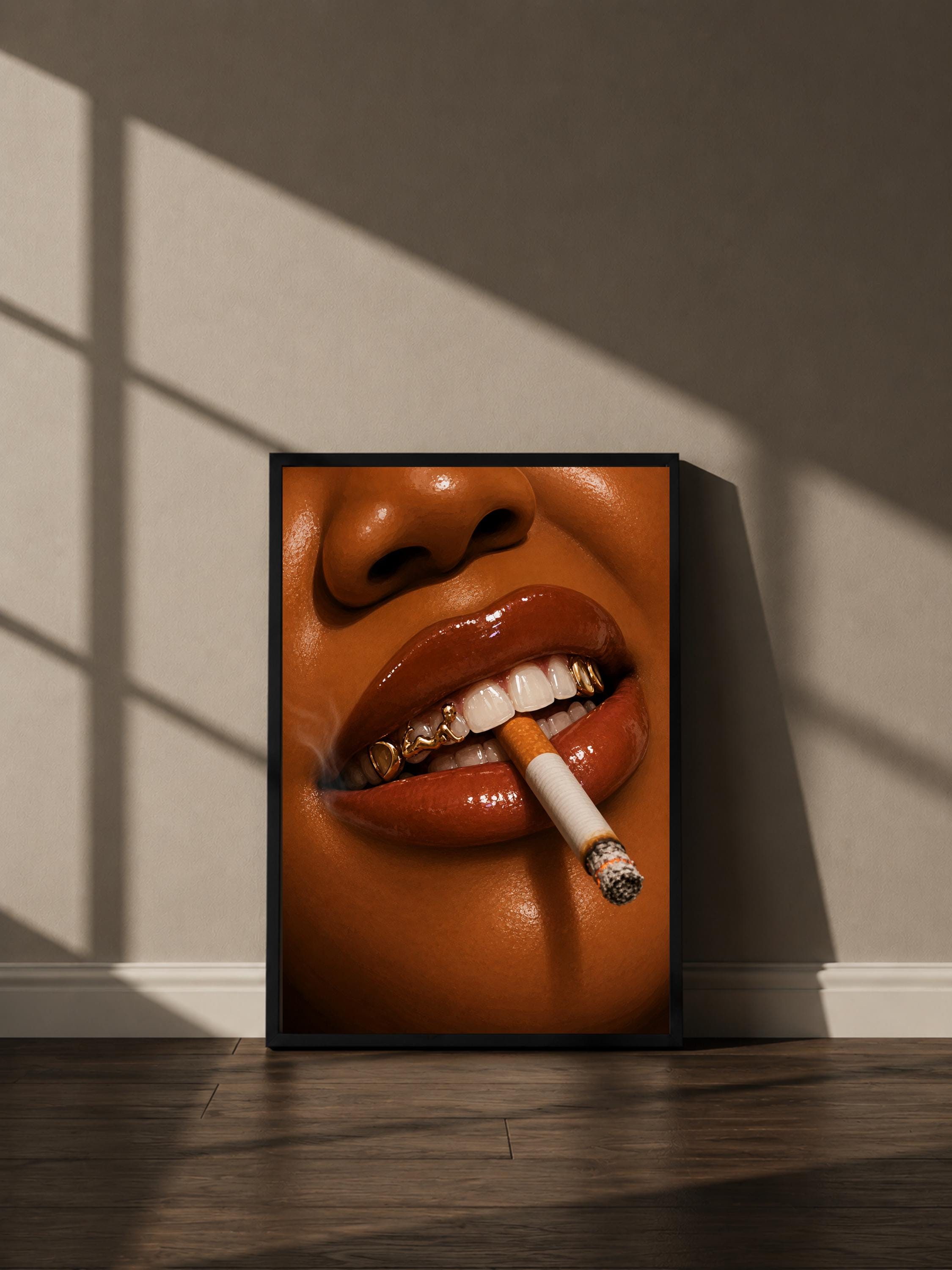 Wandbild - Zigarette Lips Grillz Wall Art Poster Frauen Femme Weiblichkeit Wanddeko Kunst für Wohnzimmer Schlafzimmer Modern Print Pop Art __etsy:8094763102