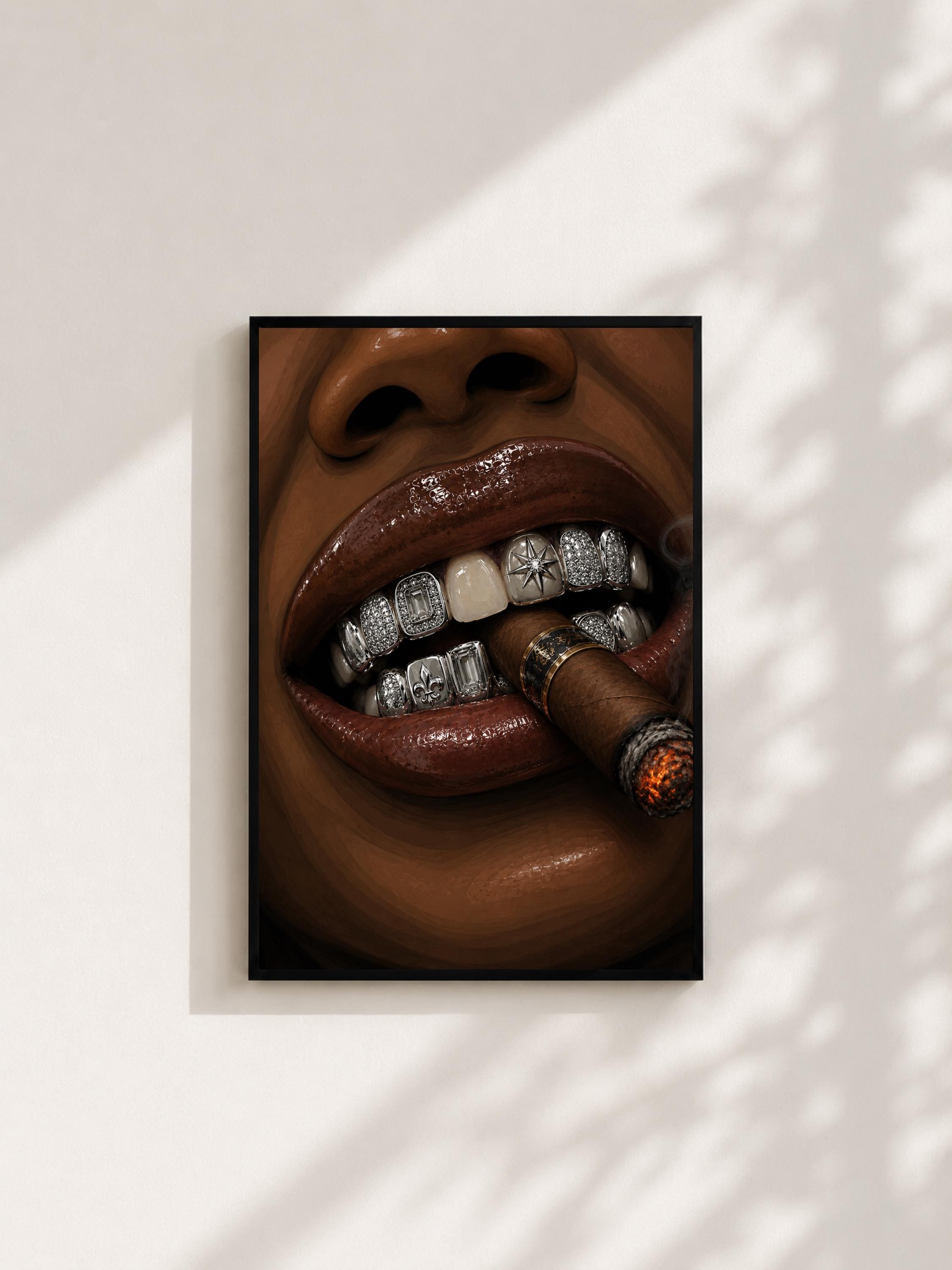 Wandbild - Zigarre Lips Grillz Wall Art Poster Frauen Femme Weiblichkeit Wanddeko Kunst für Wohnzimmer Schlafzimmer Modern Print Pop Art __etsy:8094766050